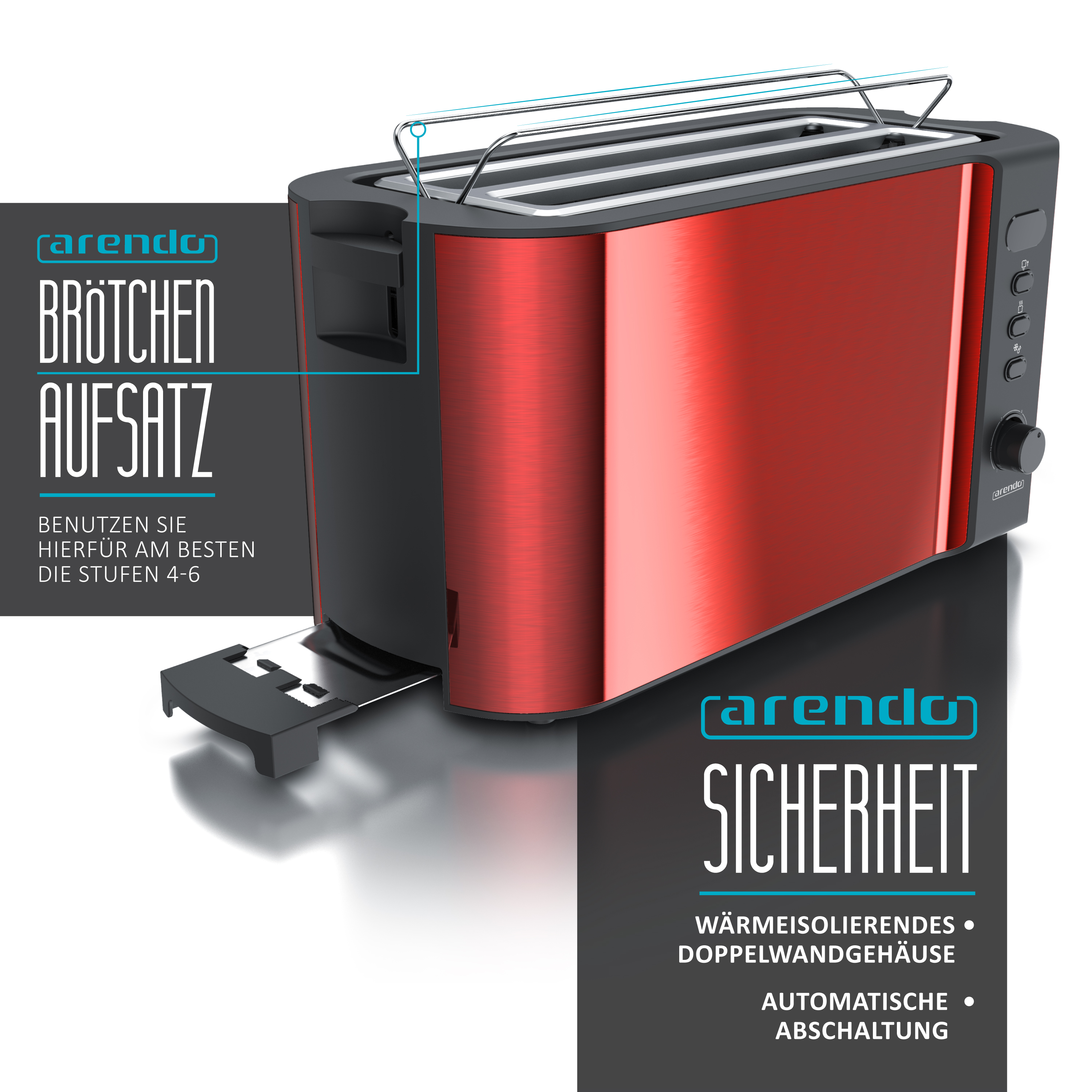 Ein rot-schwarzer Toaster mit silbernem Heizelement. Text auf der Seite beschreibt Funktionen und ein Markenlogo.