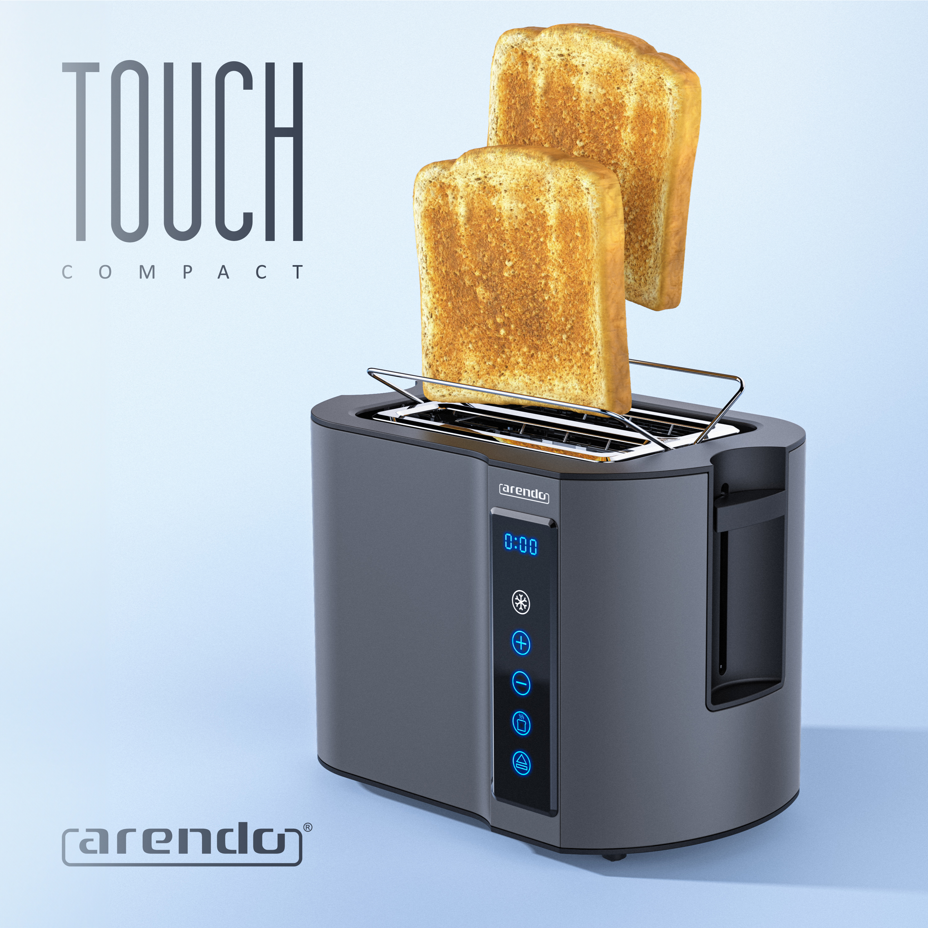 Ein grauer Toaster mit zwei Toastscheiben. Das Wort TOUCH ist oben sichtbar.
