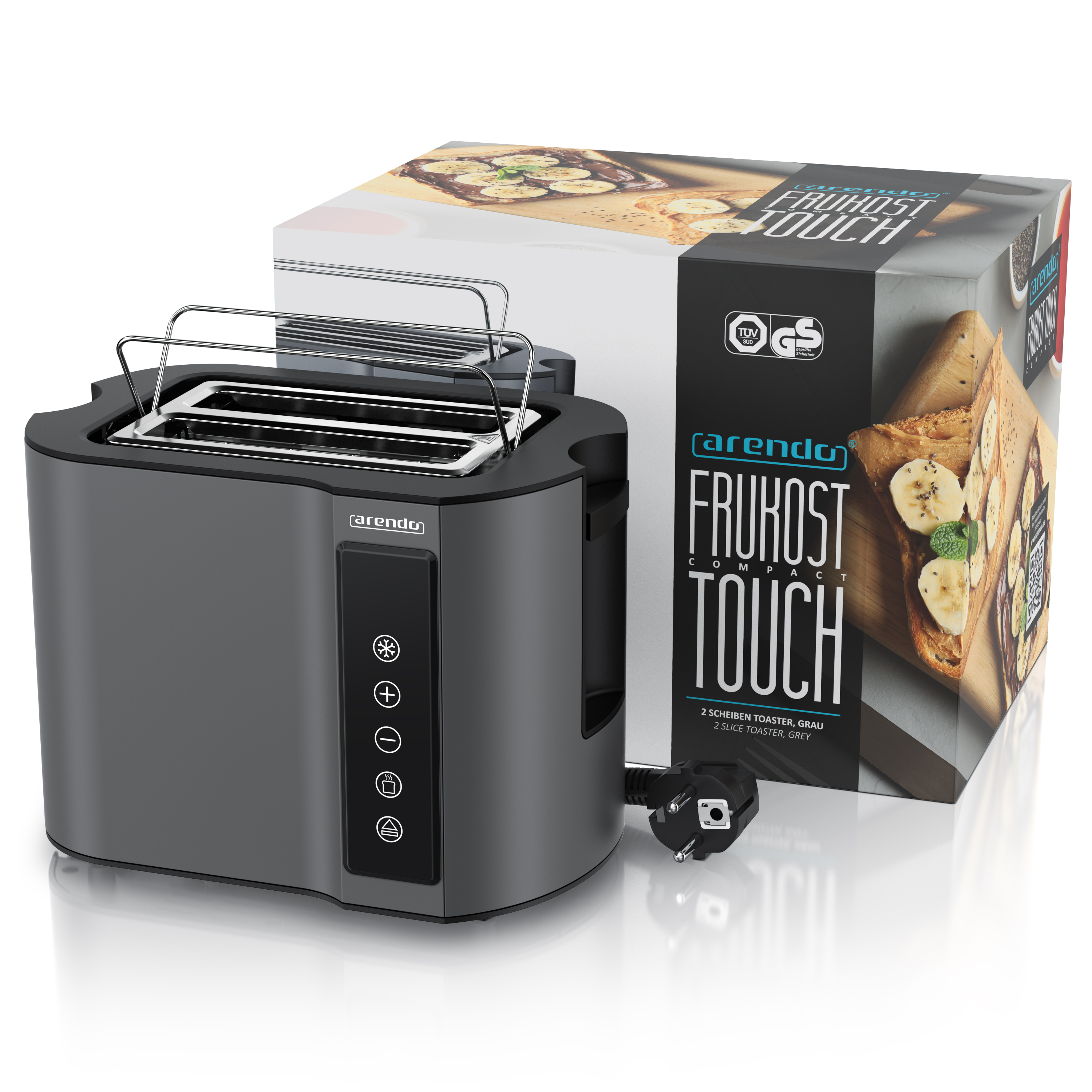 Ein grauer Toaster mit einer Schachtel, die Toast mit Bananen zeigt. Auf der Schachtel steht 'FRUKOST TOUCH'.