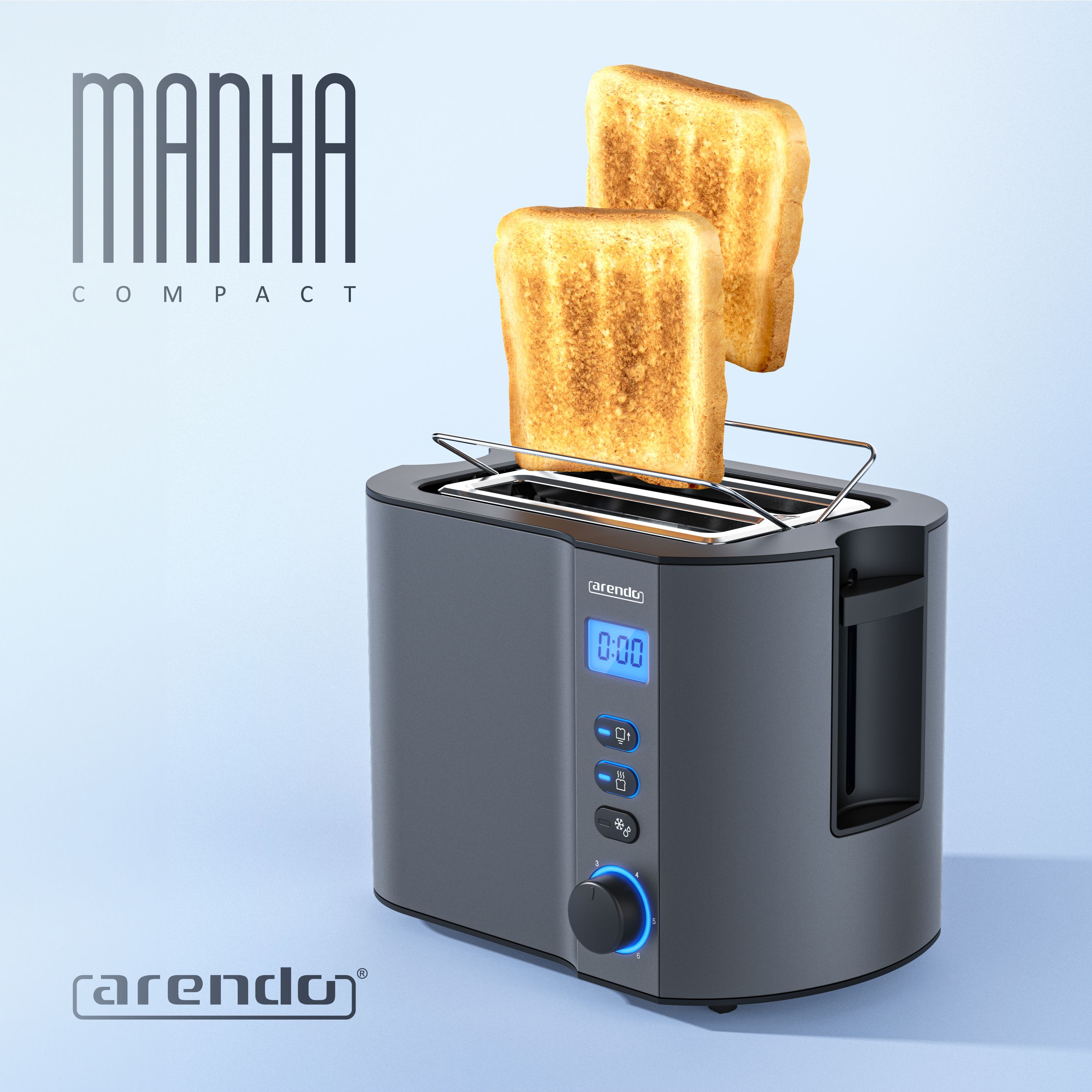 Ein grauer Toaster mit zwei Toastscheiben. Blaue Digitaluhr und Bedienknöpfe sind sichtbar.