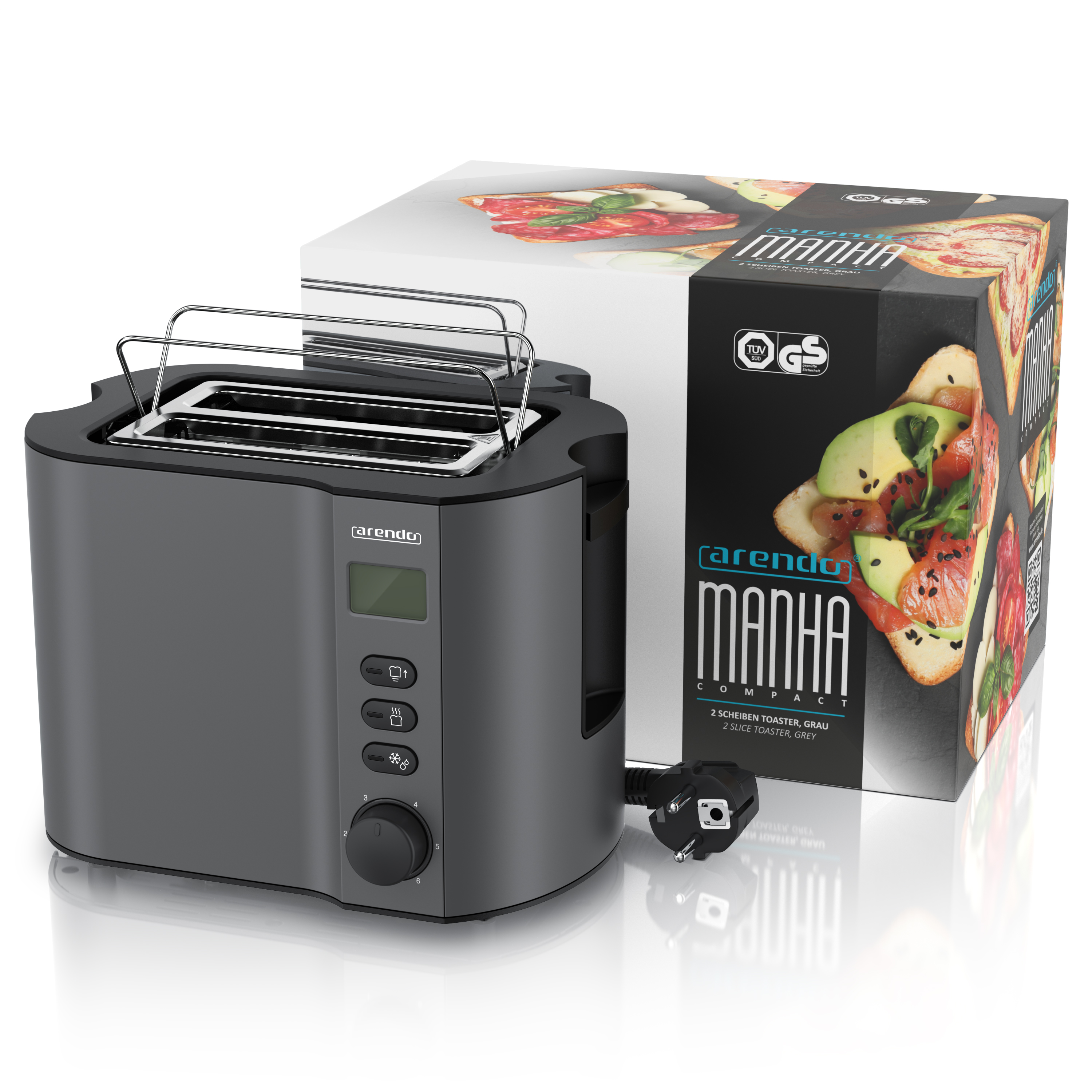 Ein grauer Toaster mit einer Schachtel dahinter. Die Schachtel zeigt Toast mit Belag. Der Toaster hat eine Digitalanzeige.