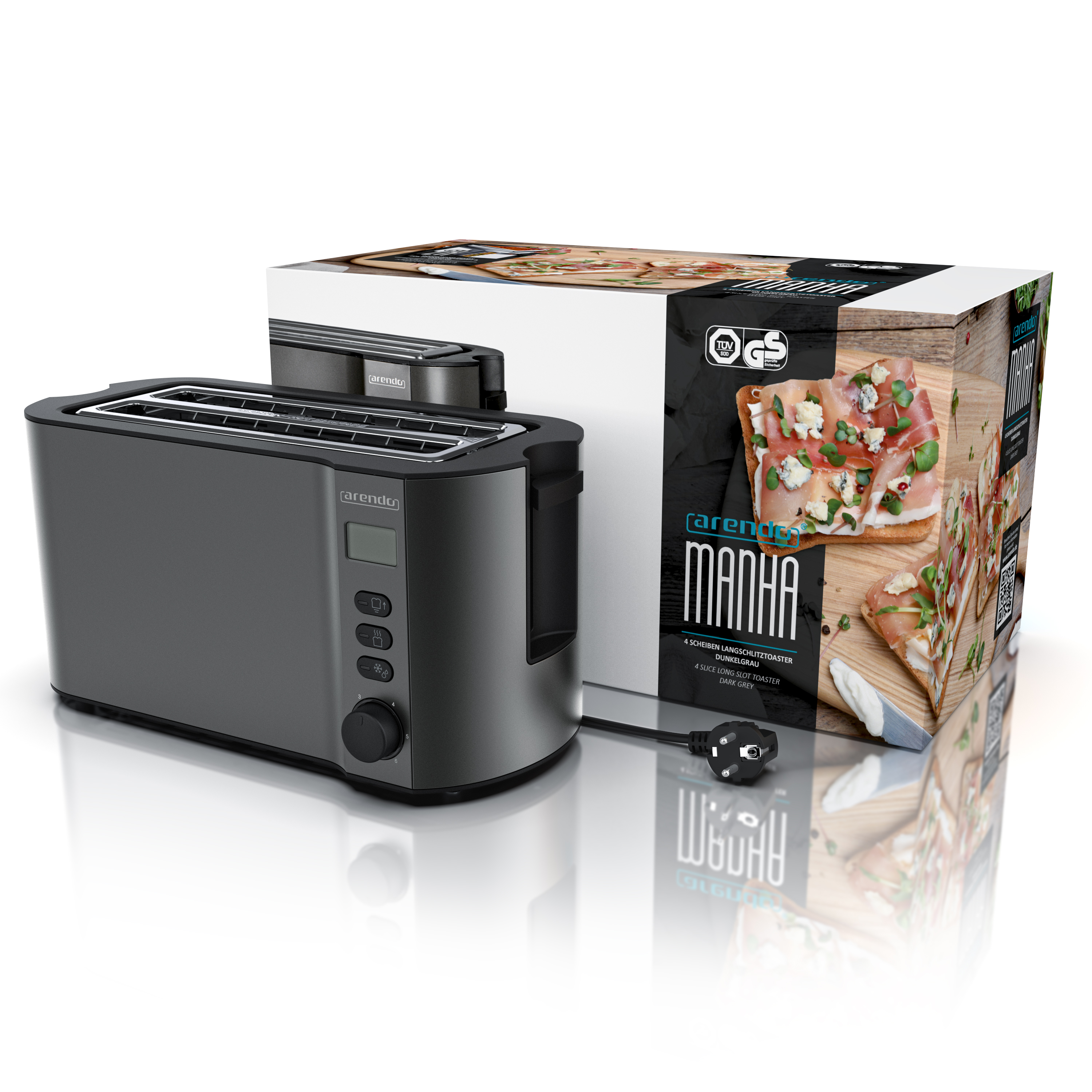 Ein grauer Toaster und seine Schachtel auf weißem Untergrund. Die Schachtel zeigt Toast mit Käse und Schinken.