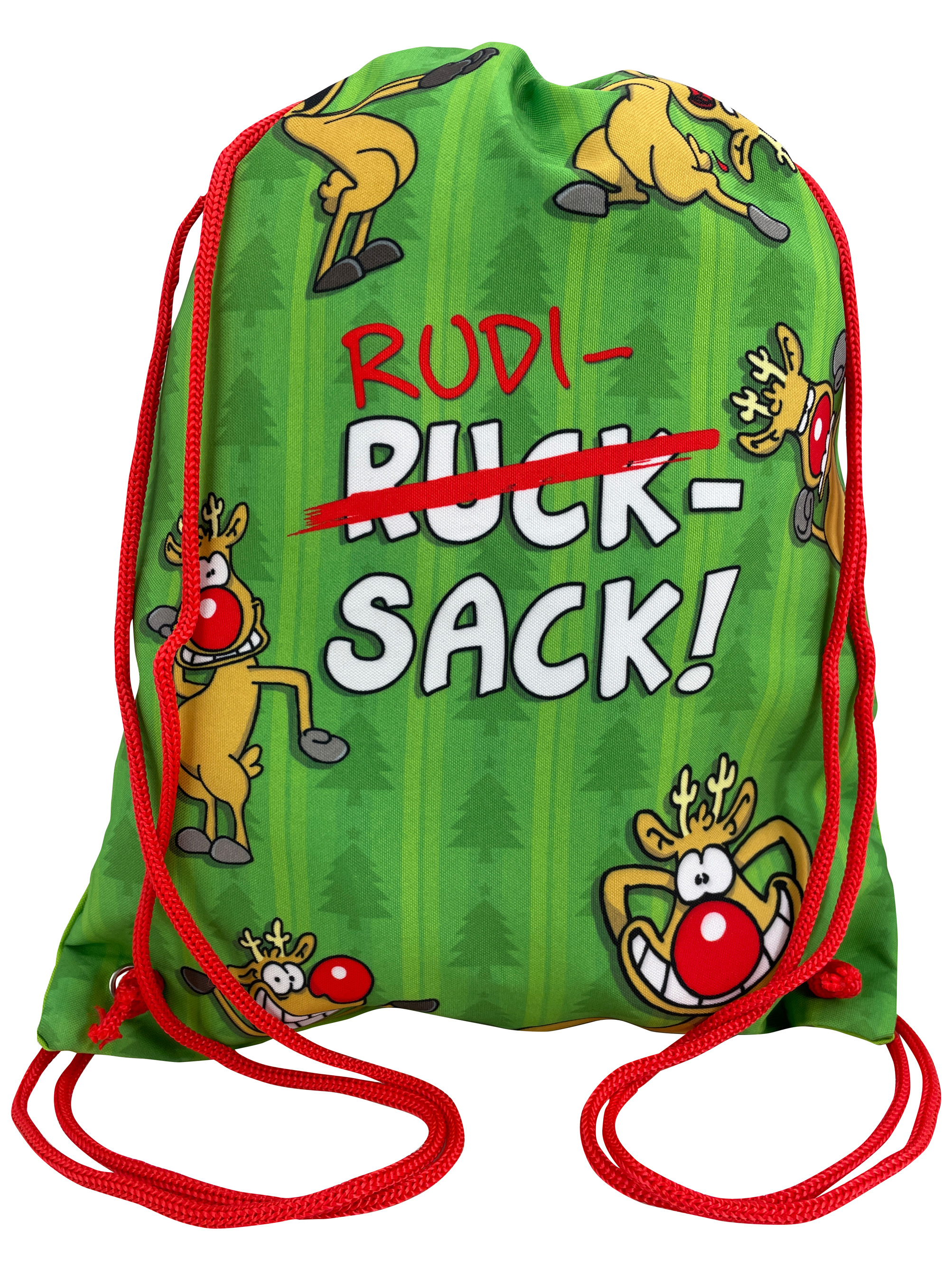 Grüner Kordelzugbeutel mit Cartoon-Rentieren und den Worten 'Rudi-Ruck-Sack!' in Rot und Weiß.