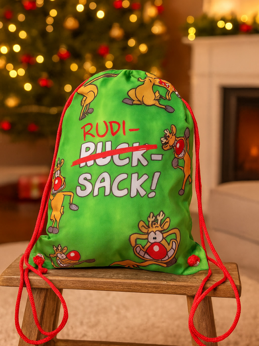 Grüner Turnbeutel mit Rentier-Illustrationen und dem Text 'Rudi-Sack!' auf einem Holzschemel, Weihnachtsbaum im Hintergrund.