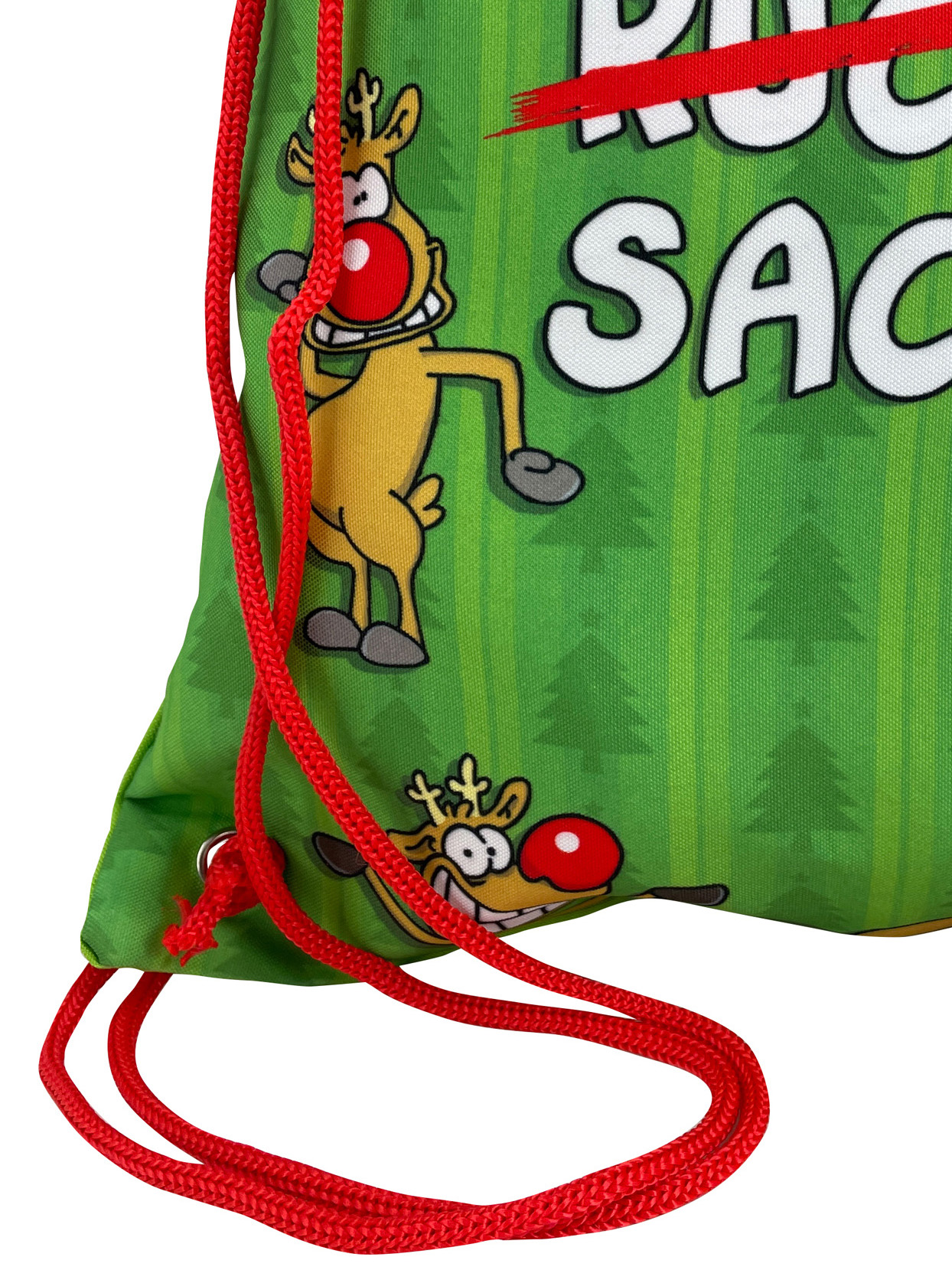 Grüne Weihnachtstasche mit Cartoon-Rentieren und rotem Kordelzug. Auf der Tasche steht 'RUC SAC'.
