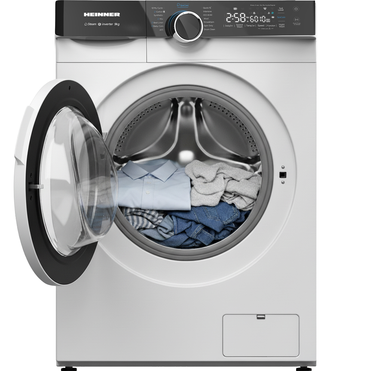 Eine weiße Waschmaschine mit offener Tür, die Kleidung im Inneren zeigt. Oben befindet sich ein Bedienfeld. Ein digitales Display zeigt die Zeit.