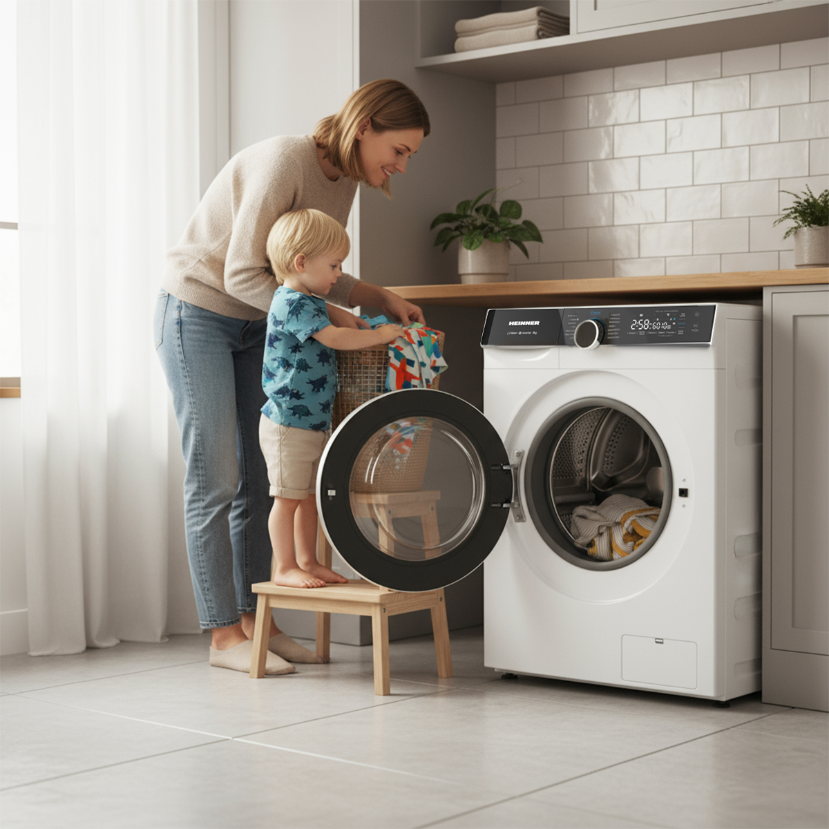 Eine Frau und ein Kind in der Nähe einer Waschmaschine. Das Kind steht auf einem Hocker und hilft bei der Wäsche.