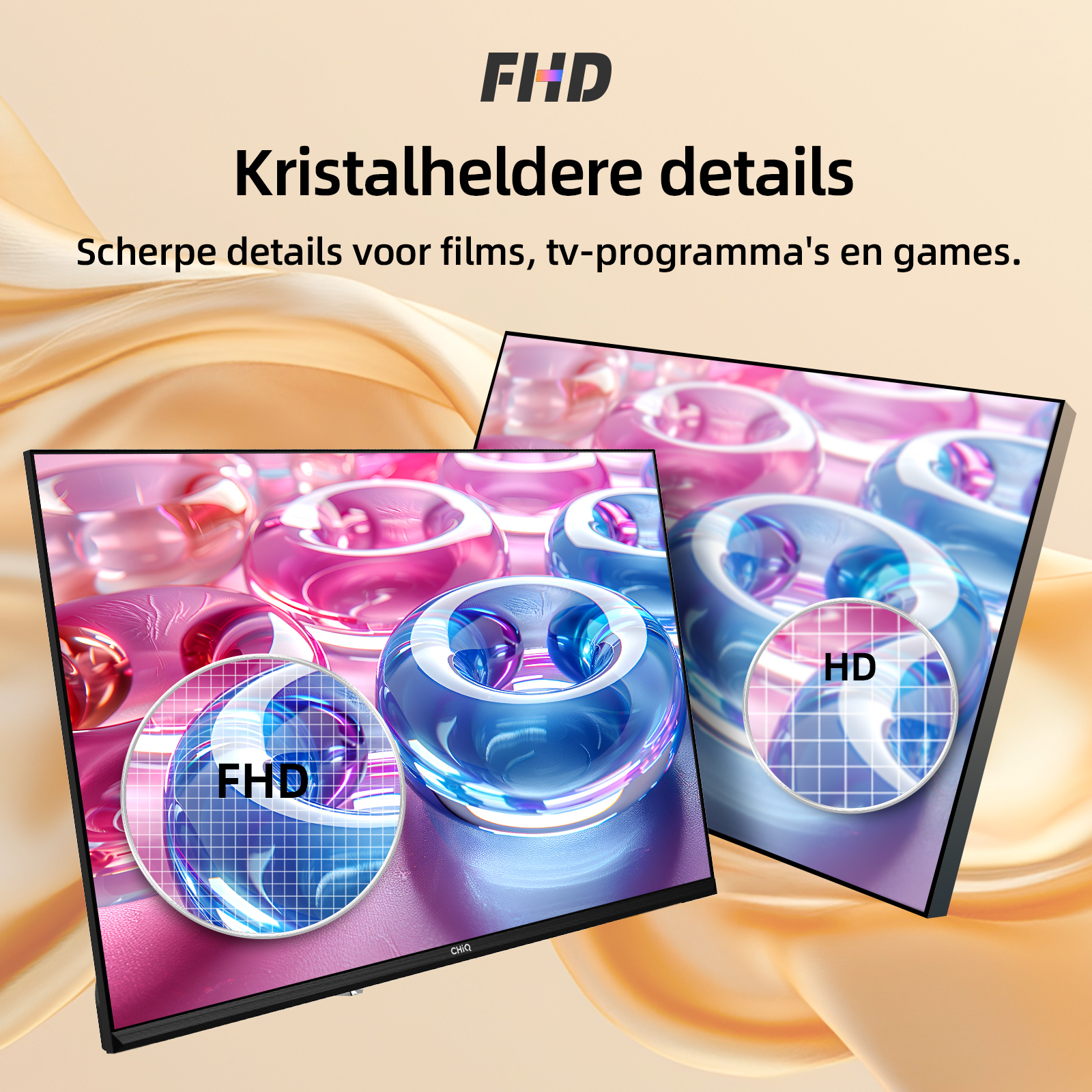 Une publicité pour une télévision avec une résolution FHD et HD. Elle présente deux écrans avec des motifs abstraits bleus et roses.