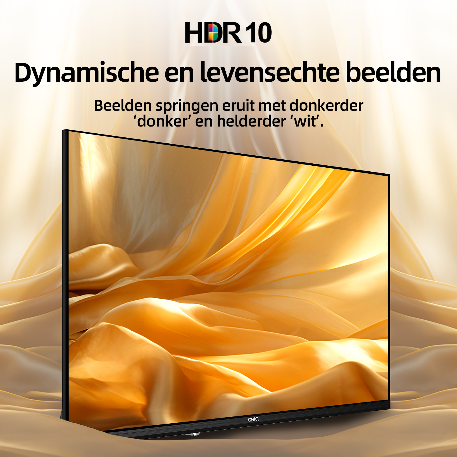 Un écran de télévision affiche un tissu doré. Le texte indique 'HDR 10' et 'Images dynamiques et réalistes'.