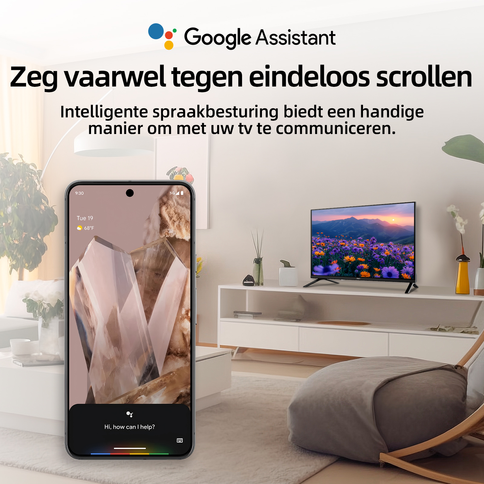 Un smartphone affiche l'interface de Google Assistant. Une télévision montre un paysage. La scène est dans un salon.