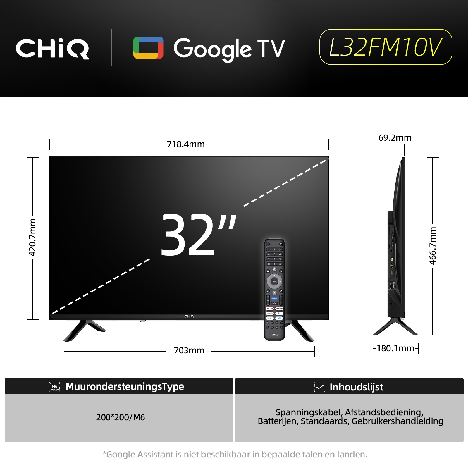 Une TV Google CHiQ de 32 pouces. Affiche les dimensions et une télécommande. Détails sur le support mural et les articles.