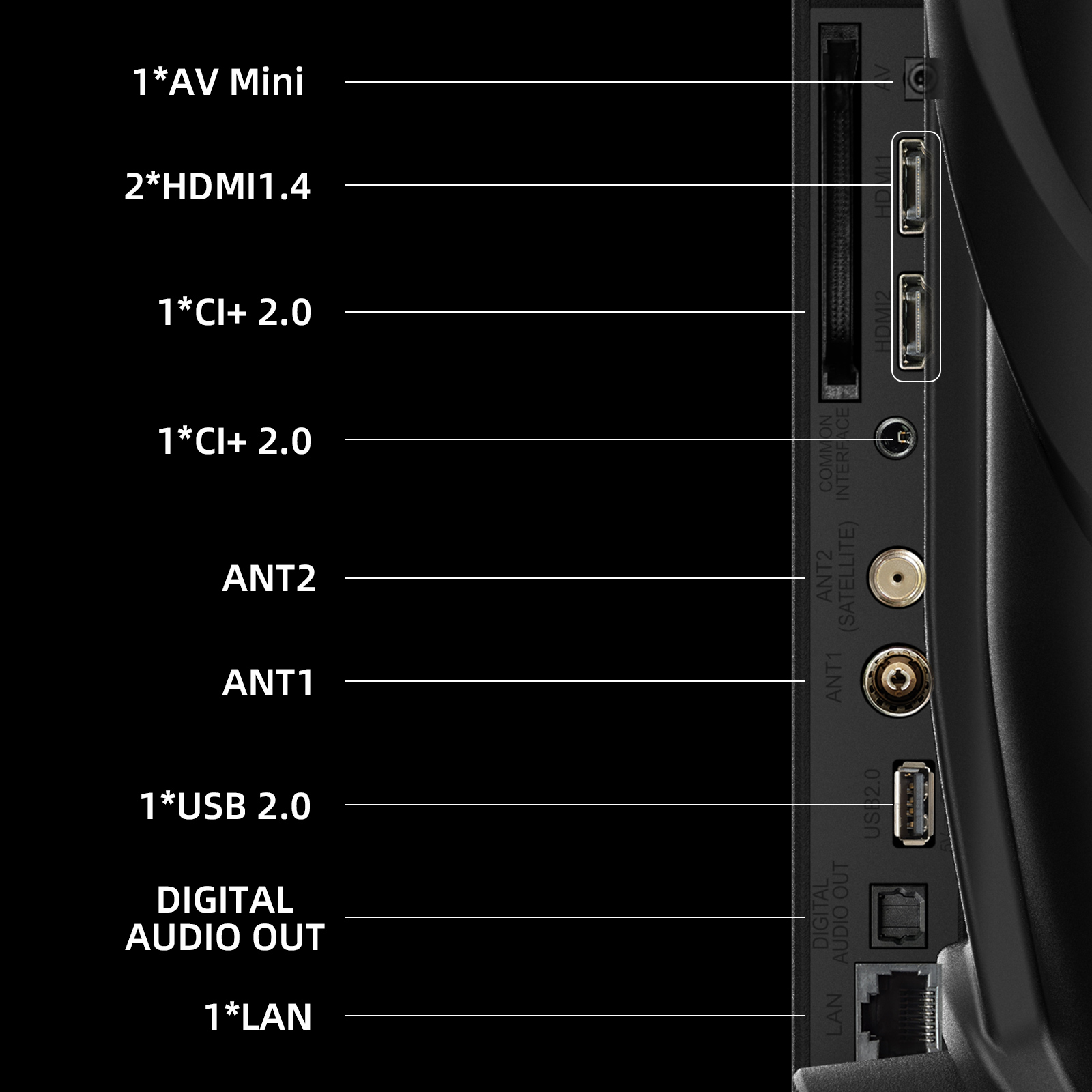 Panneau arrière du téléviseur montrant les ports: HDMI, USB, LAN, antenne, sortie audio numérique et emplacements CI+. Fond noir.