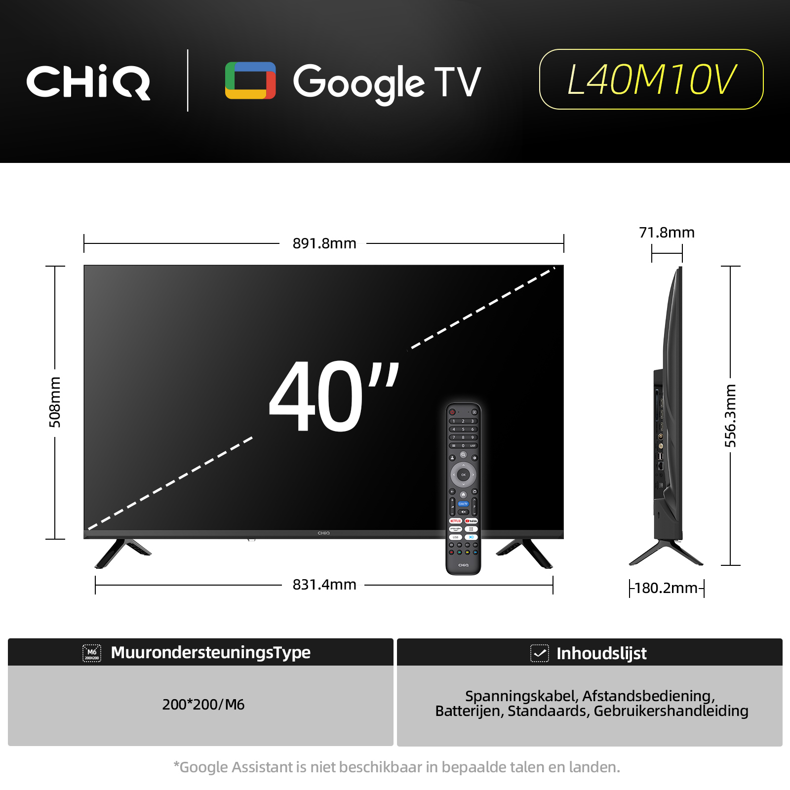 A black CHiQ 40" Google TV with remote and dimensions. Features include a stand, cable, and a user guide.
