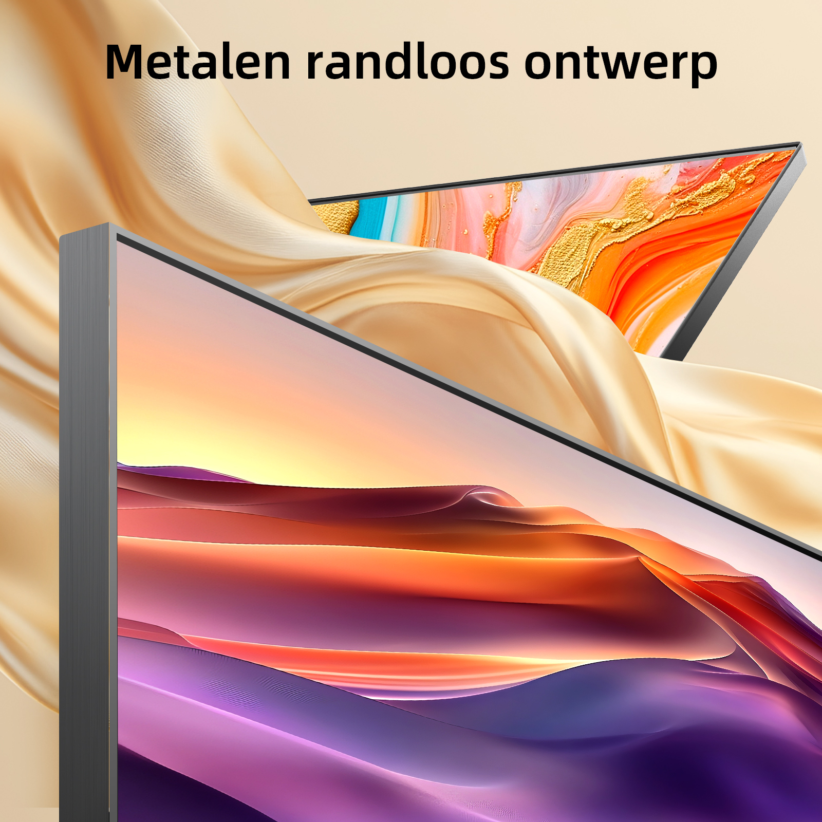 Two frameless monitors with colorful displays. One displays a purple and orange gradient, the other shows gold and orange.