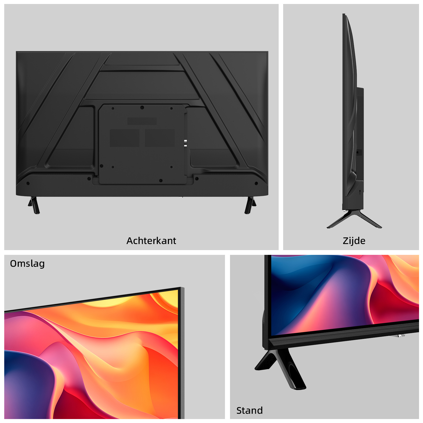 A TV showing its back, side, screen and stand. The screen displays colorful graphics. All parts are black.