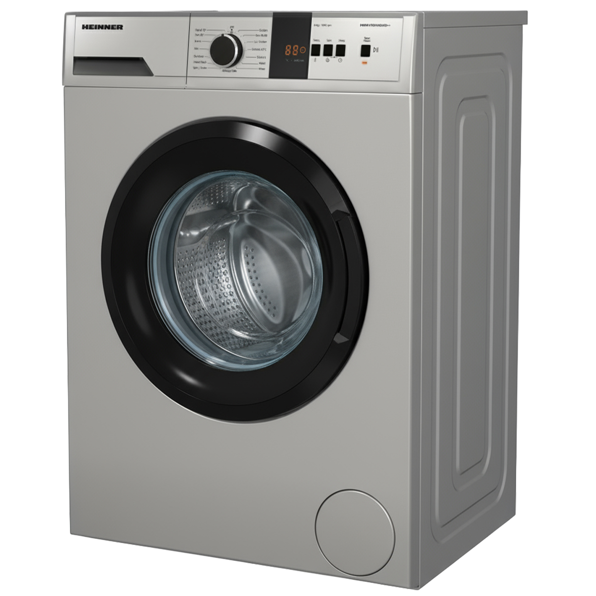 Een zilveren wasmachine met een zwarte deur. Hij heeft bedieningsknoppen en een digitaal display. Het merk is Heinner.