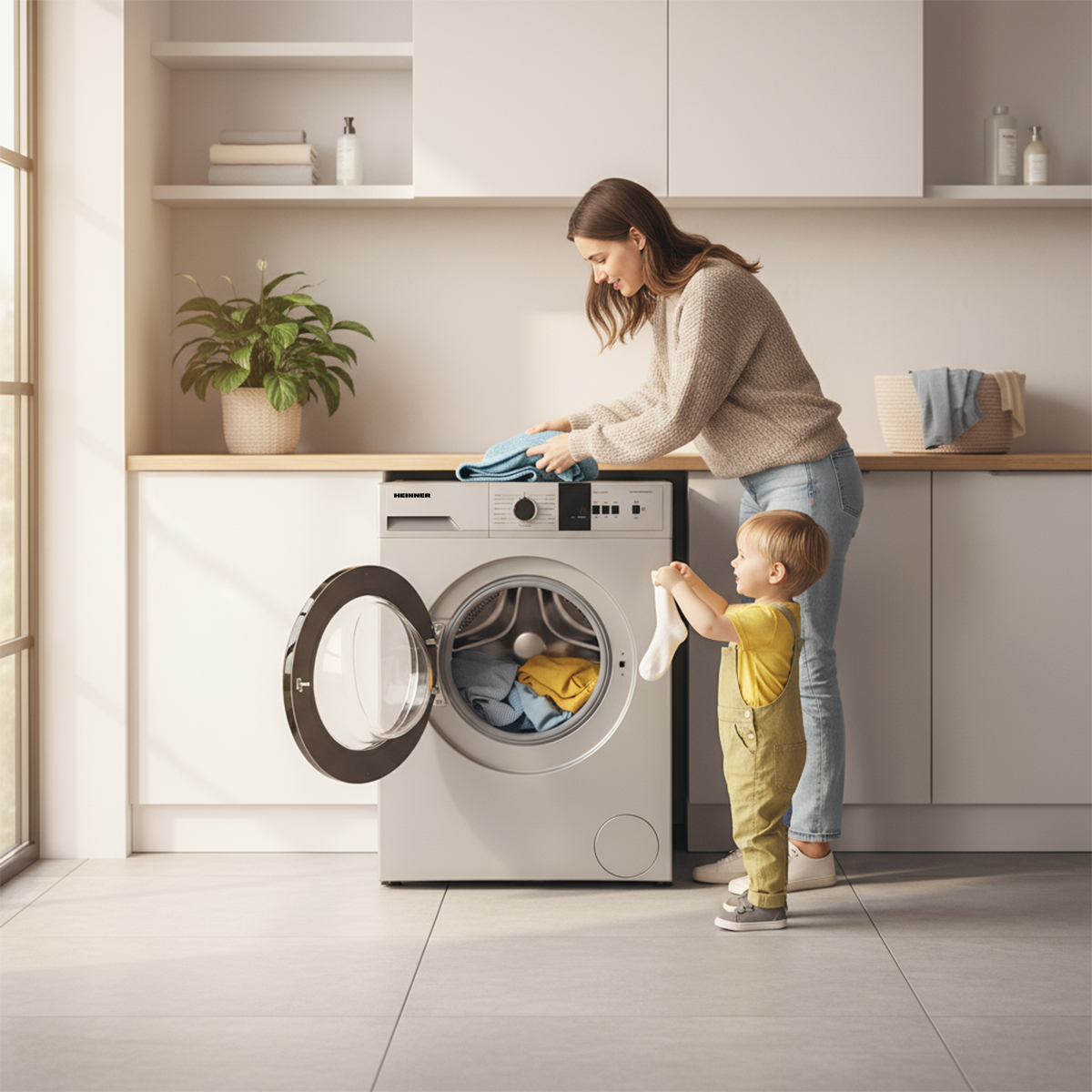 Een vrouw en een kind zijn aan het wassen. De vrouw stopt kleren in de wasmachine. Het kind houdt een sok omhoog.