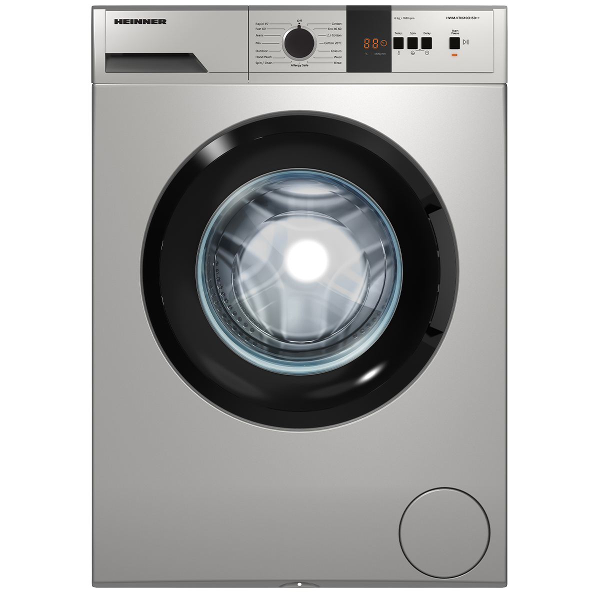 Een zilveren wasmachine met een zwarte deur en bedieningspaneel. De machine heeft verschillende knoppen en een digitaal display.