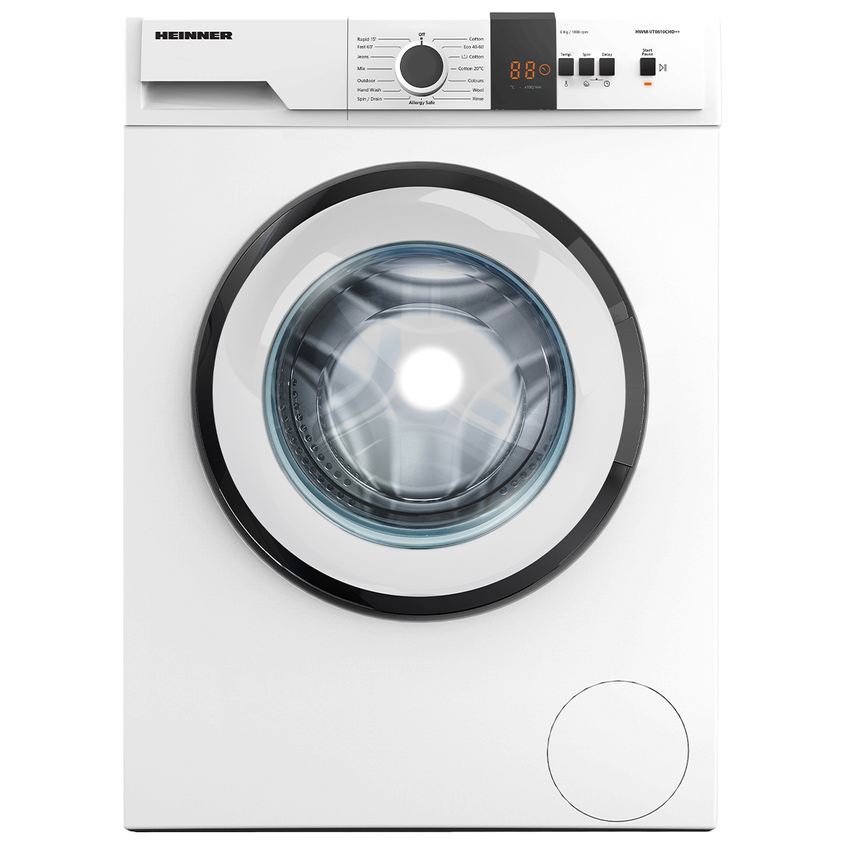 Een witte wasmachine met een zwart omrande deur. Hij heeft een bedieningspaneel aan de bovenkant met instellingen en een digitaal display met 88.