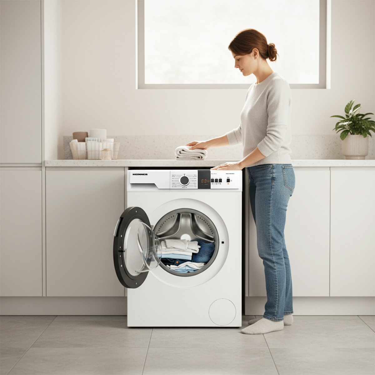 Een vrouw legt een gevouwen handdoek op een wasmachine. De machine is open en er zit wasgoed in. Op de achtergrond staat een plant.