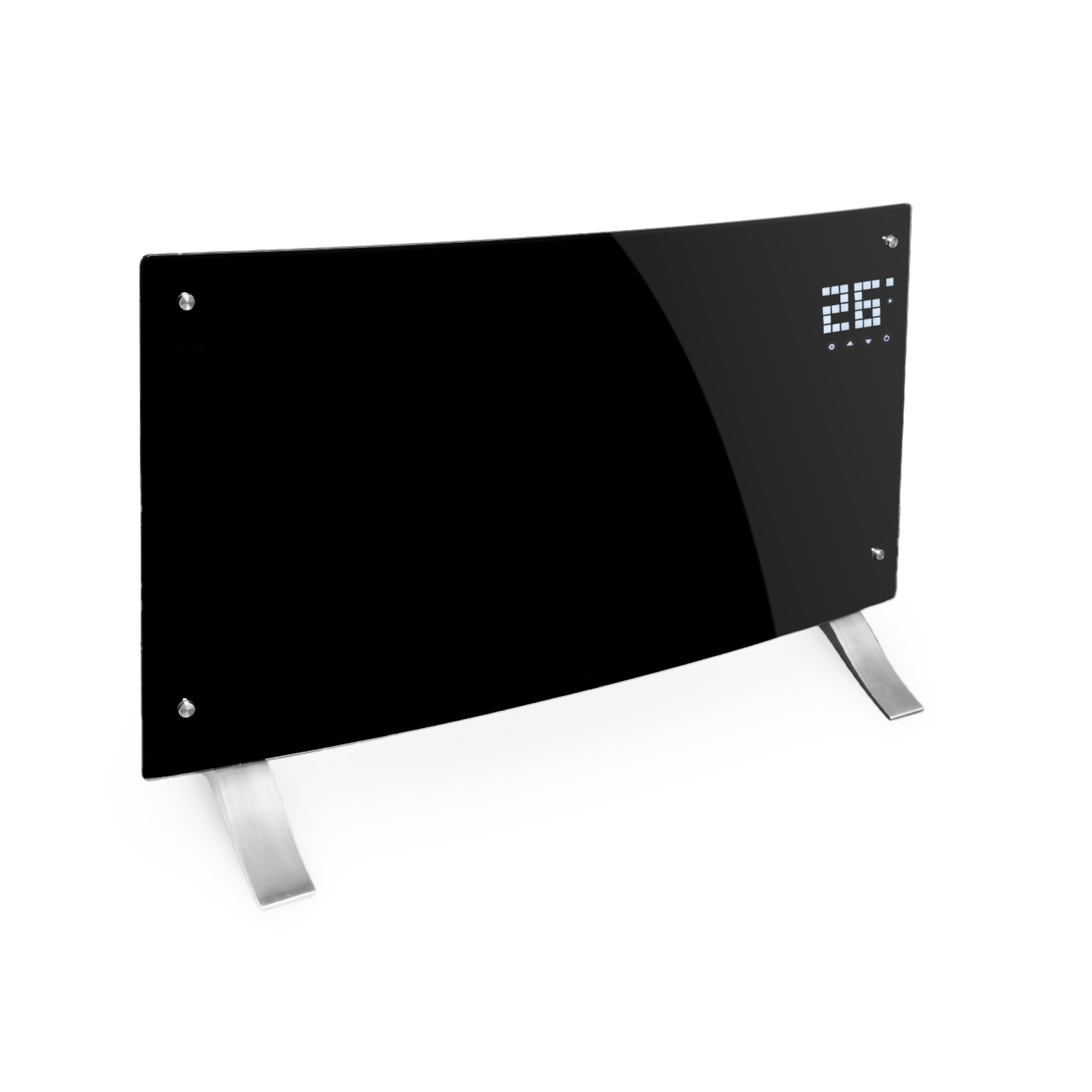 Un calefactor de panel de vidrio negro y curvo con pantalla digital 26. Tiene patas plateadas y fondo blanco.