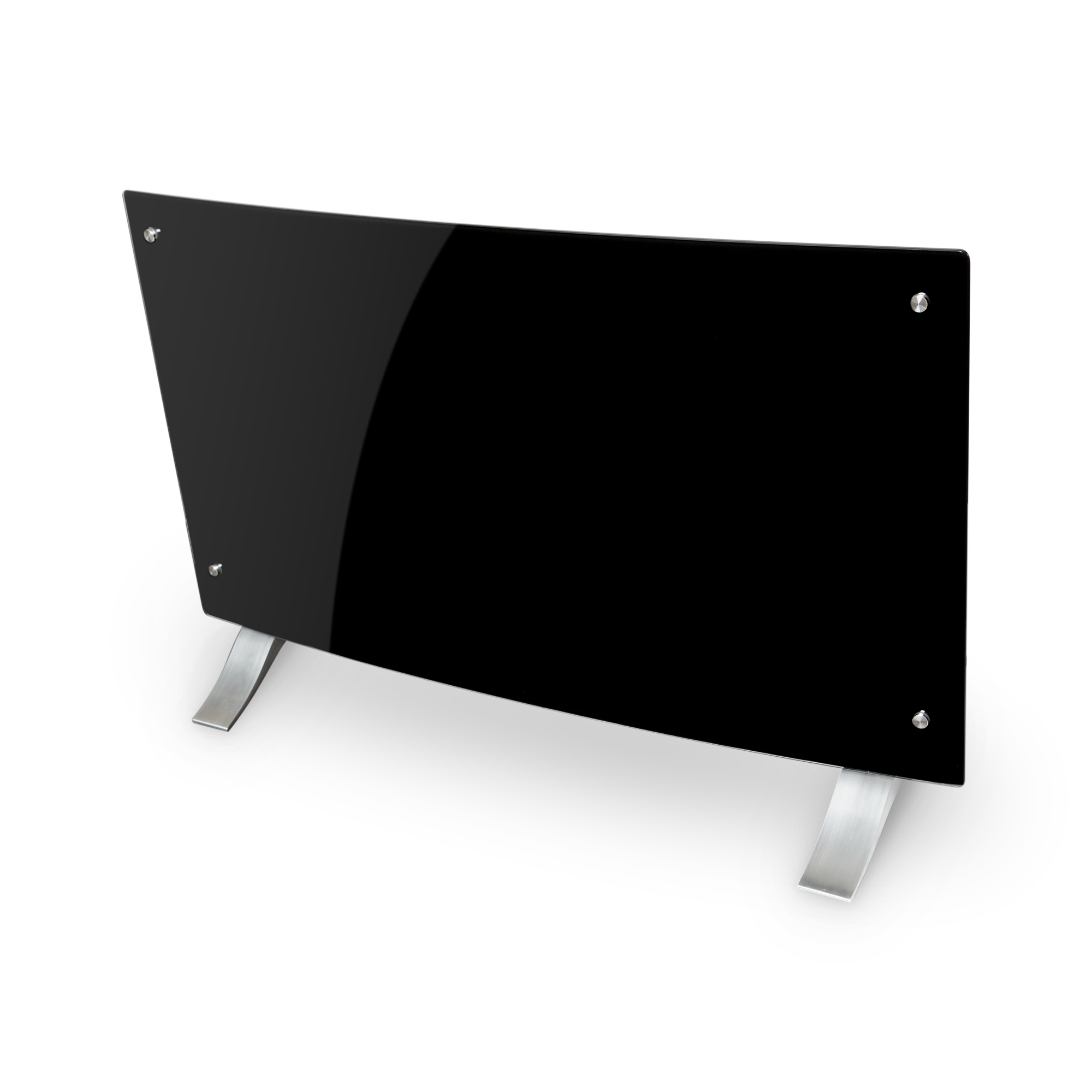 Un panel de vidrio negro curvado, con patas plateadas y detalles de tornillos, sobre un fondo blanco.