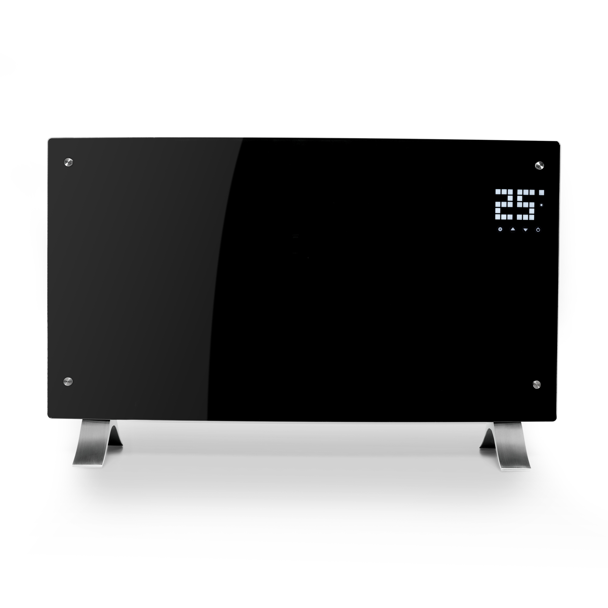 Un calefactor de panel de vidrio negro con pantalla digital que muestra 25 grados. Tiene patas de metal plateado y está sobre fondo blanco.