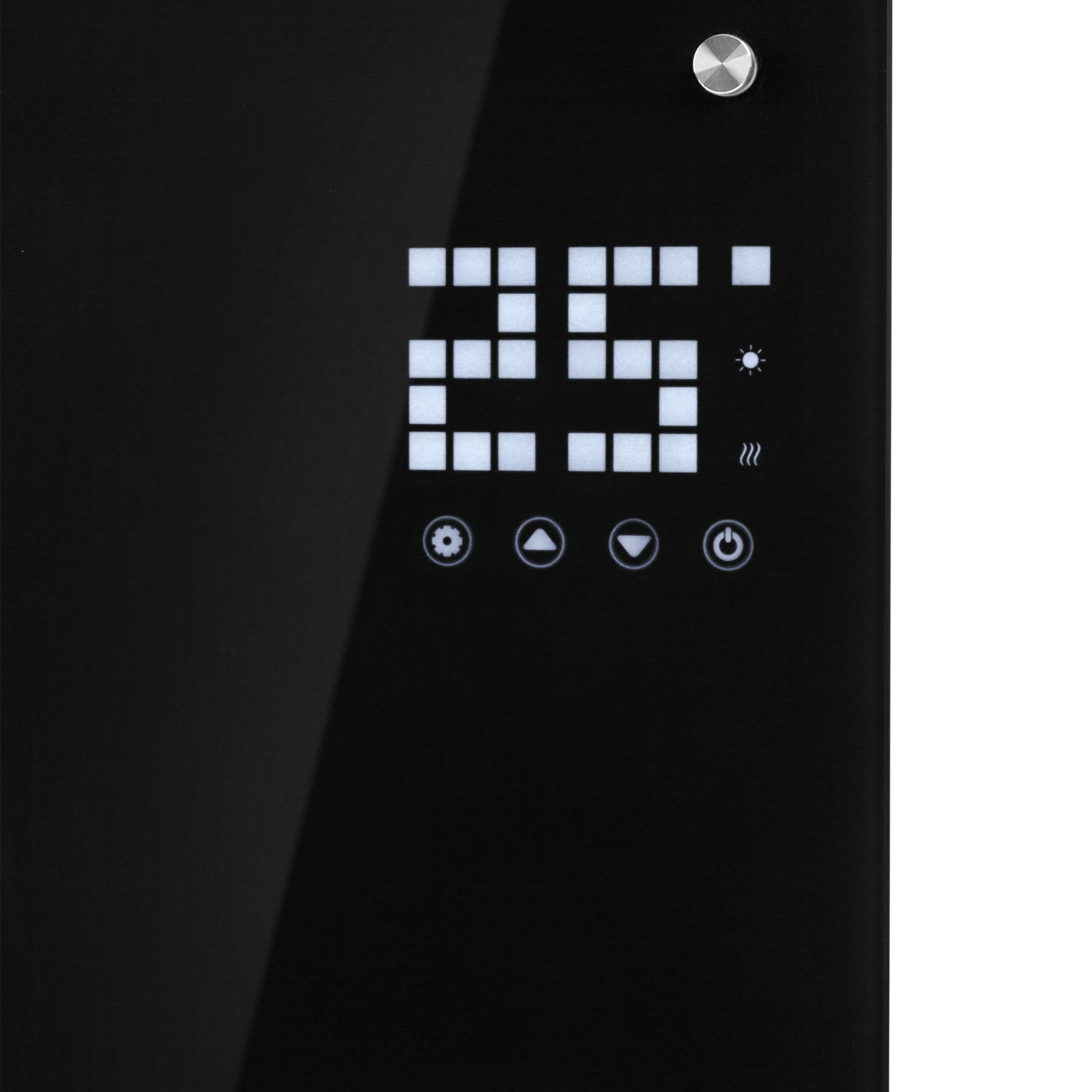 Panel negro con pantalla digital '25', iconos de control y botón plateado en la parte superior.