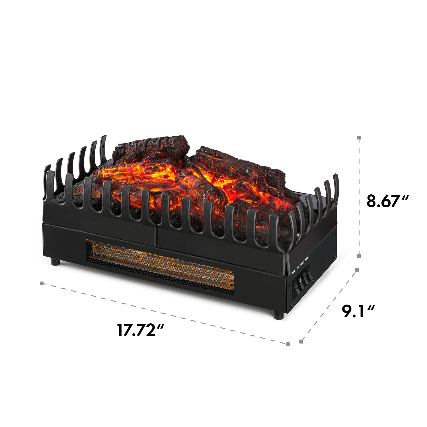Elektrischer Kamin mit glühenden Holzscheiten in einem schwarzen Metallkäfig. Abmessungen: 17,72" x 9,1" x 8,67".