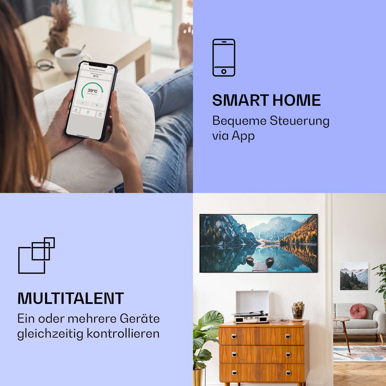 Person nutzt Smartphone zur Steuerung von Smart-Home-Geräten. Das Telefon zeigt Temperatur an, Szene ist ein Wohnzimmer.