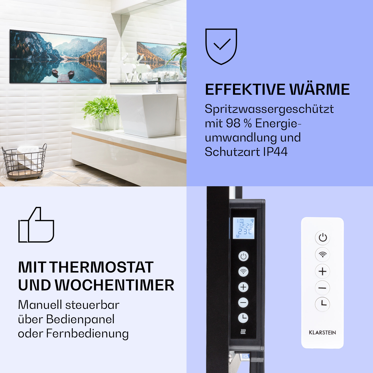 Badezimmer mit weißem Waschbecken, Seebild und Heizung mit Fernbedienung.