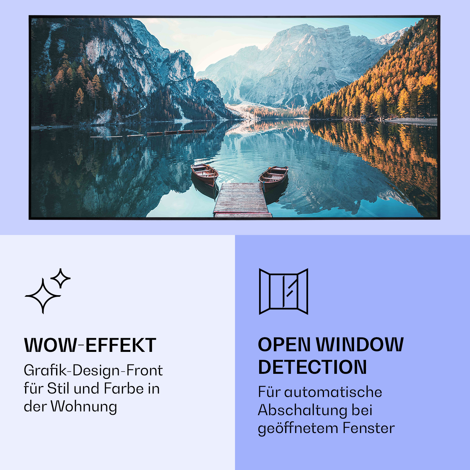 Landschaftsbild mit See, Bergen und zwei Booten. Der untere Teil hat Text zu Design und Fenstererkennung.
