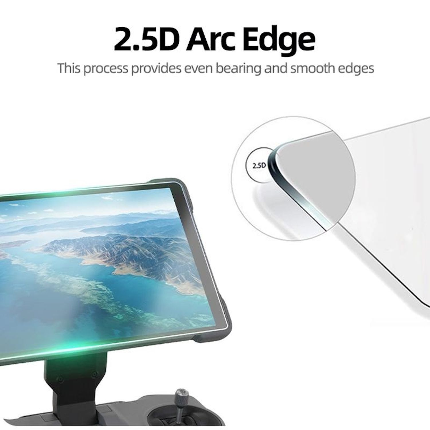 È mostrato un tablet con bordo ad arco 2.5D. Lo schermo mostra una vista del paesaggio. Un angolo ingrandito mostra il bordo liscio.