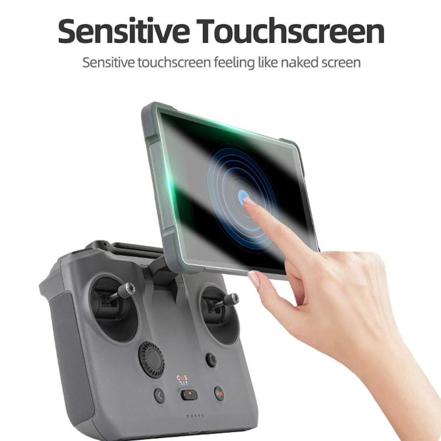 Eine Hand berührt einen Bildschirm auf einem grauen Controller. Text: 'Sensitive Touchscreen'. Der Bildschirm zeigt einen blauen Kreis.