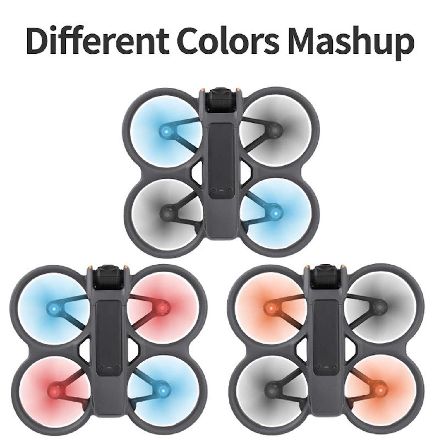 L'immagine mostra tre droni con luci delle eliche di diversi colori: blu, rosso e arancione. Lo sfondo è bianco e il testo dice 'Different Colors Mashup'.