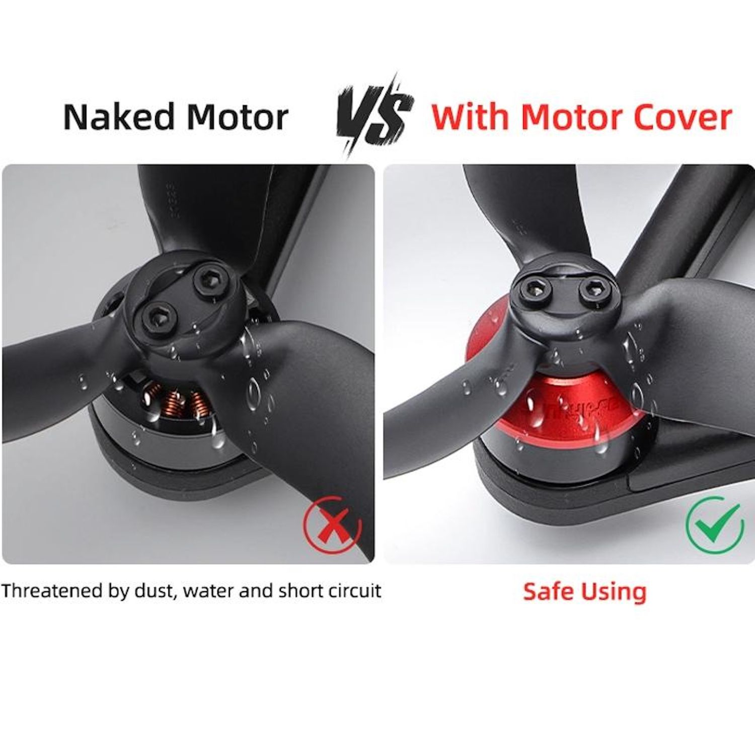 Vergleich von Drohnenmotoren mit und ohne Abdeckung. Links der nackte Motor, rechts mit Abdeckung. Text sagt 'Sichere Verwendung'.