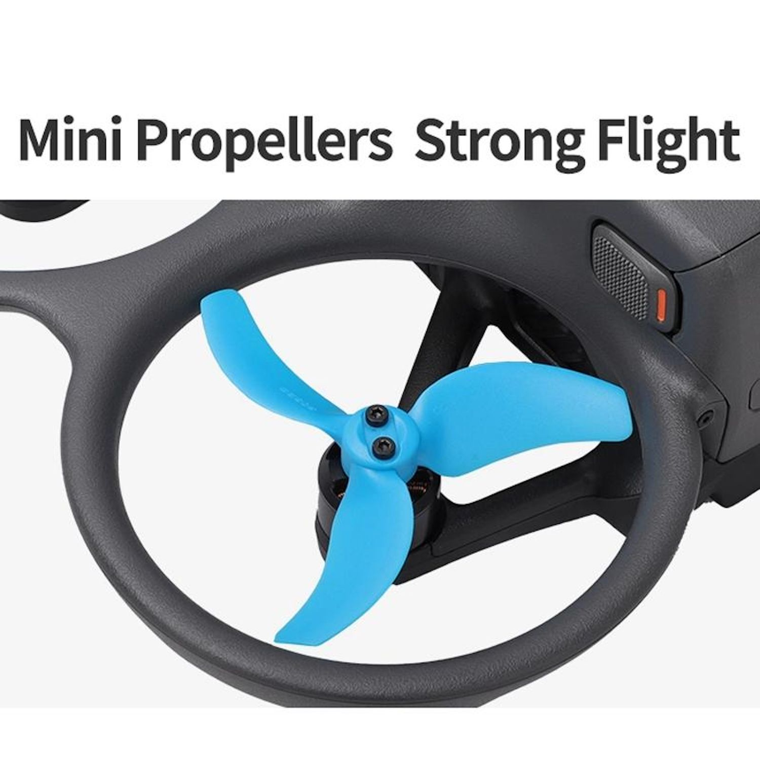 Primo piano dell'elica di un drone. Pale blu centrate in un anello grigio scuro. Testo sopra: 'Mini Propellers Strong Flight'.