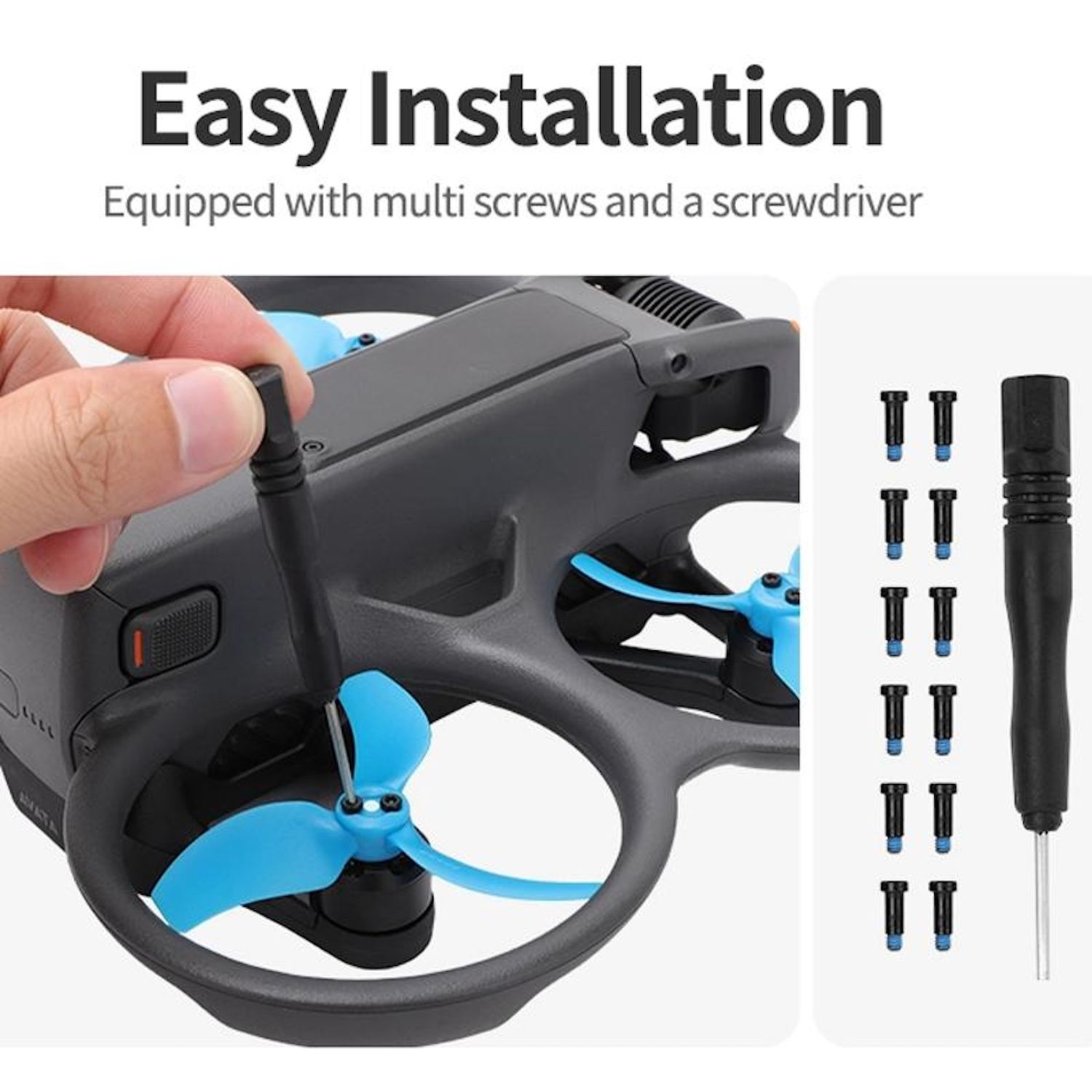 Mano che inserisce un pezzo in un drone. Il drone ha eliche blu. Sono visibili anche viti e un cacciavite.