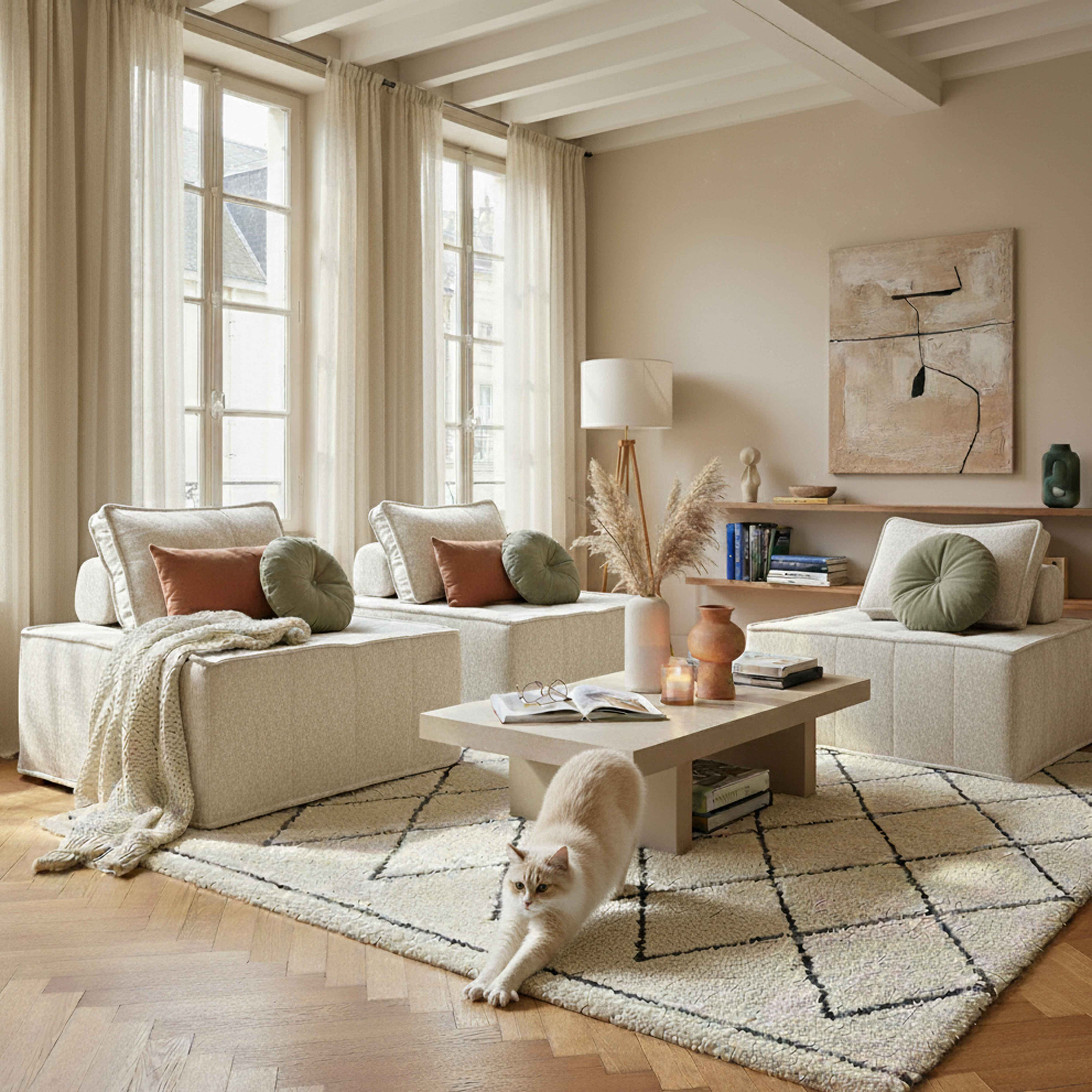 Eine Katze dehnt sich im Wohnzimmer. Beige Sofa, Teppich und Couchtisch. Fenster mit Vorhängen und Kunst.