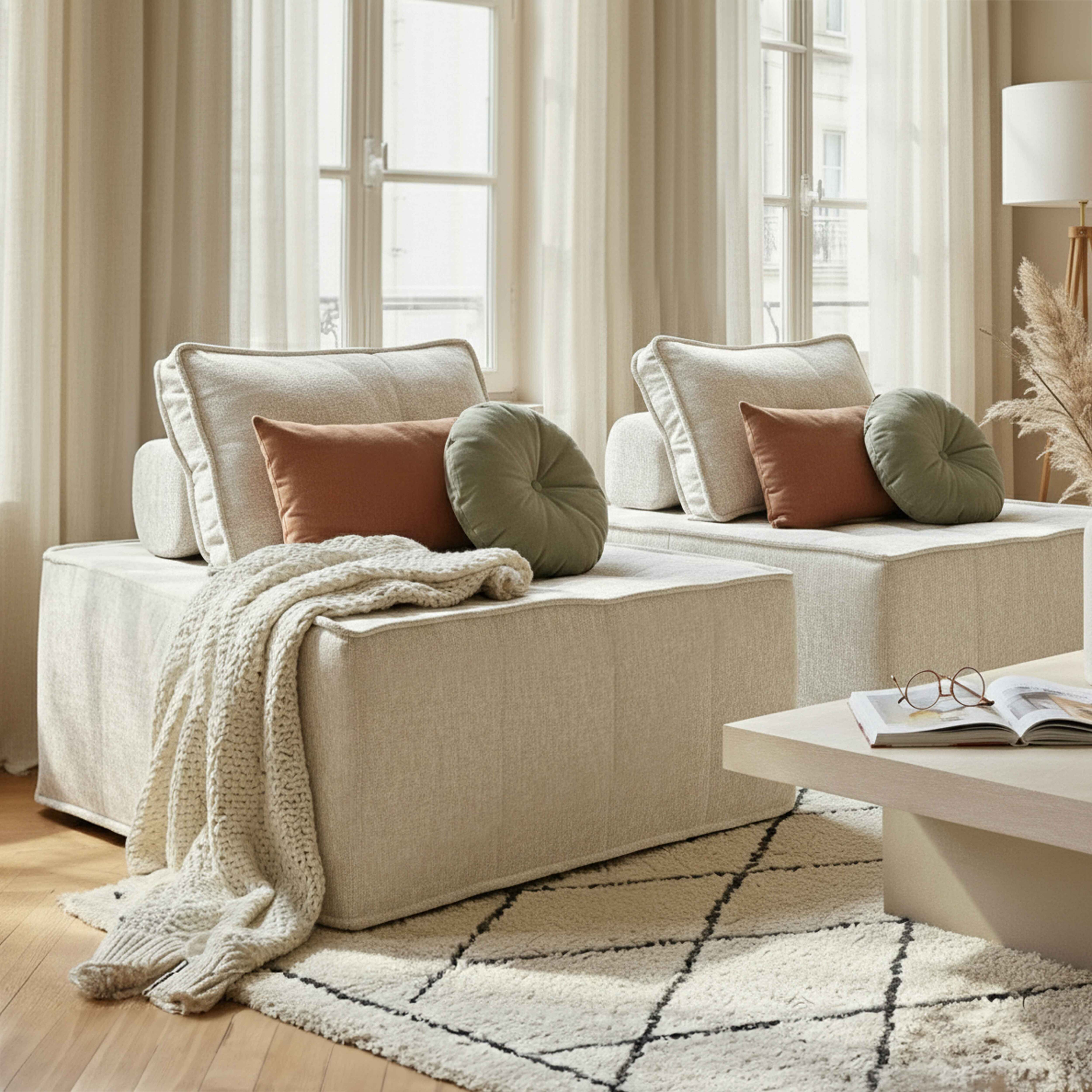 Zwei beigefarbene Sofas mit Kissen, Decke und runden Kissen. Ein Couchtisch mit einem Buch. Ein Teppich.