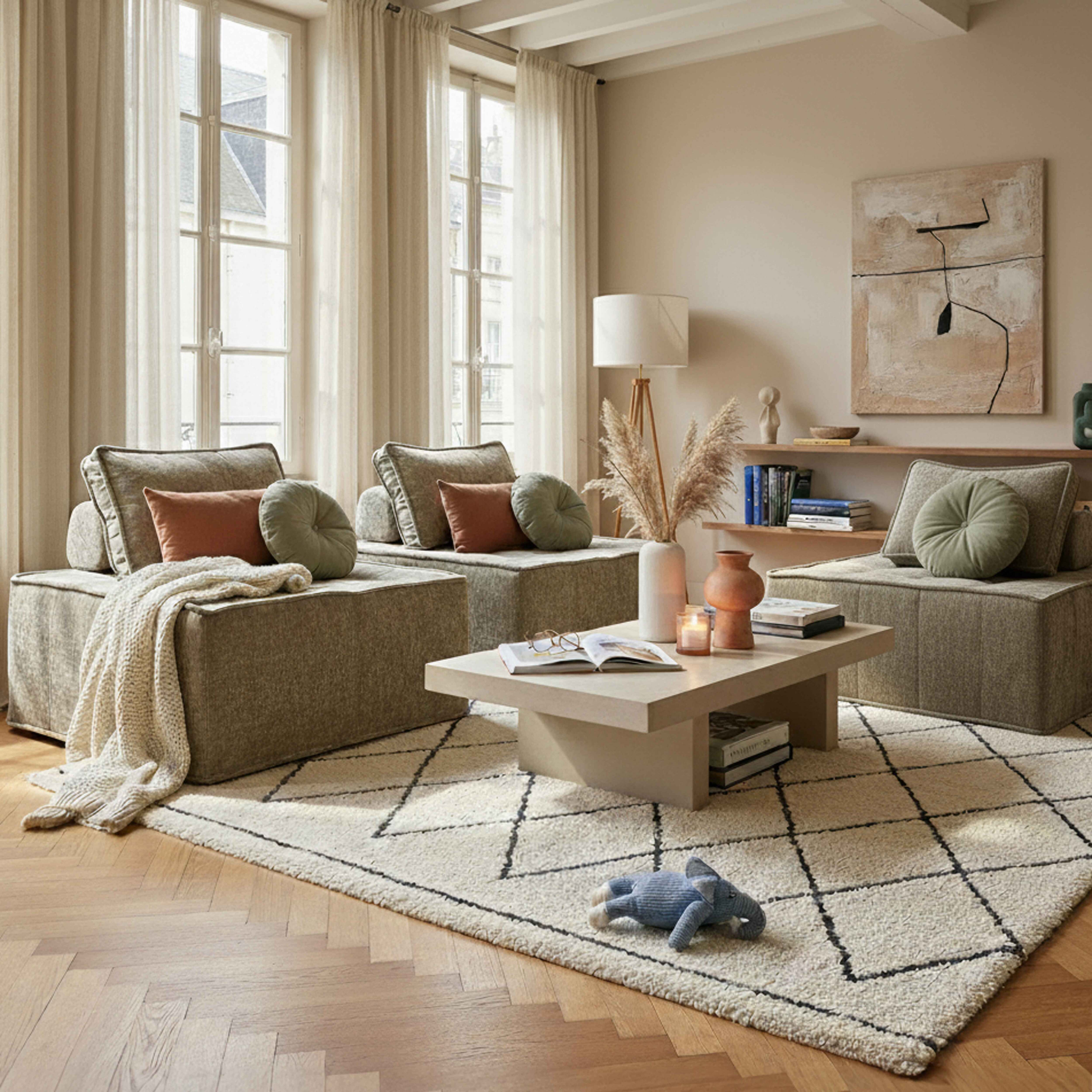 Modernes Wohnzimmer mit beigen Sofas, Couchtisch, Teppich und großen Fenstern.