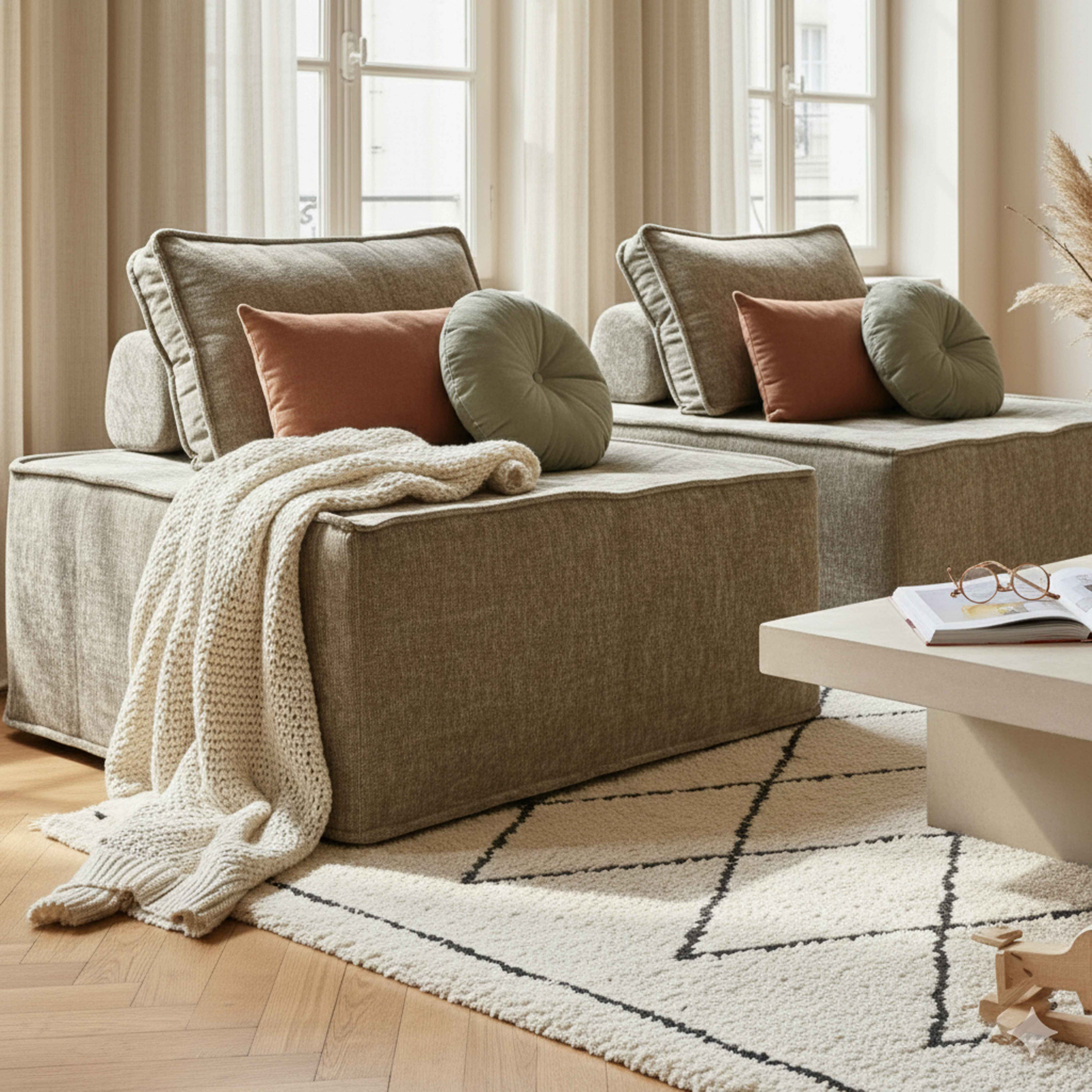 Wohnzimmerszene mit zwei Sofas, Kissen, einem Teppich und einem Couchtisch. Natürliches Licht.