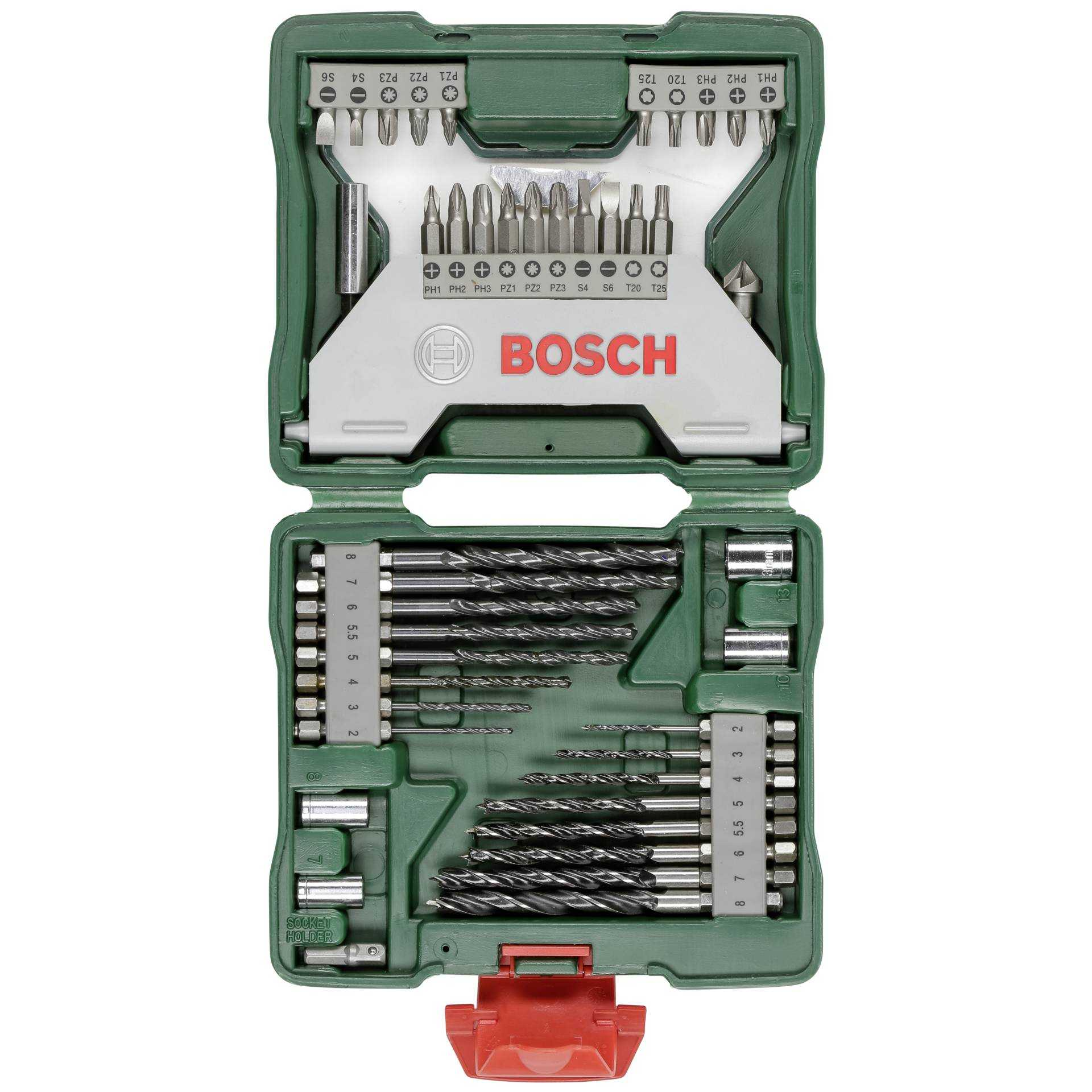 Set di utensili Bosch verde con varie punte da trapano, inserti per cacciavite e portabussole. Il set è aperto.