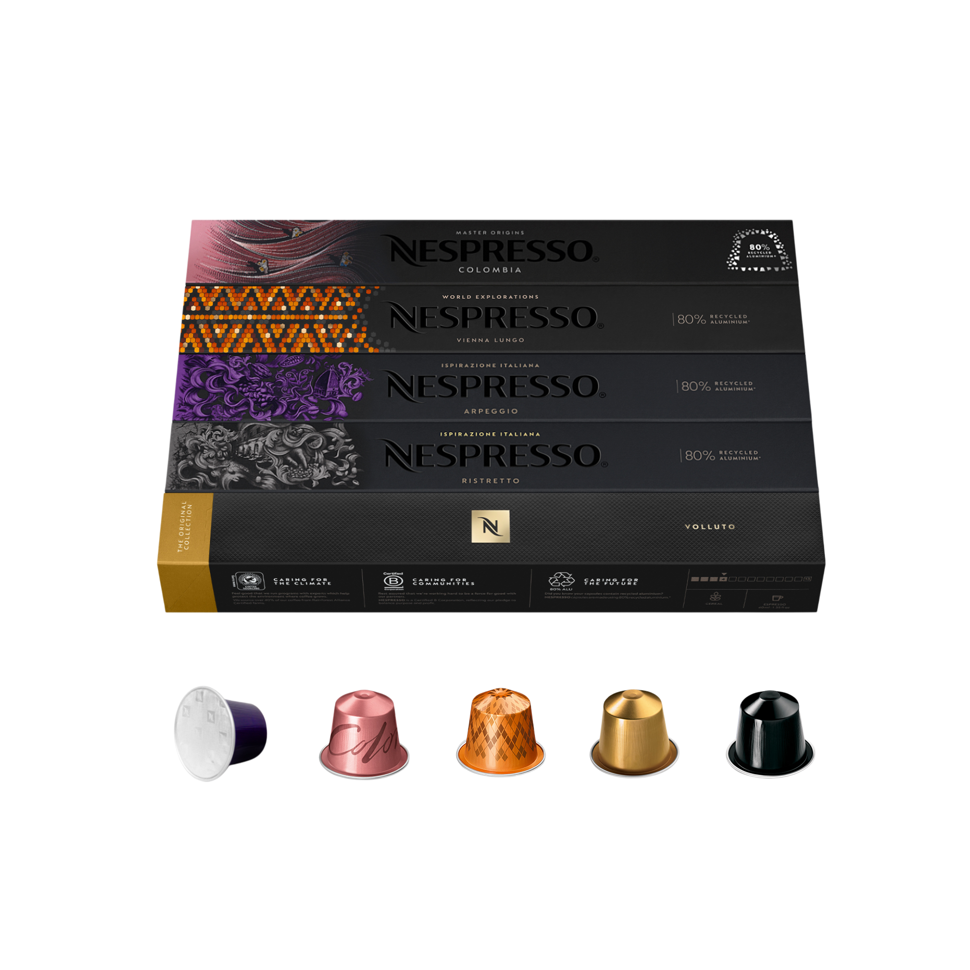 Nespresso-Kaffeepads und -Schachteln. Die Schachteln enthalten Colombia, Vienna Lungo, Arpeggio, Ristretto. Pads sind verschiedenfarbig.