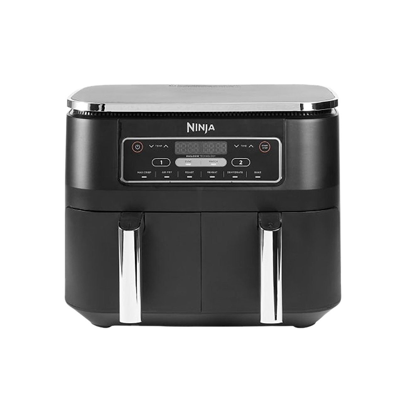 Ein Ninja Dual-Zone-Heißluftfritteuse. Schwarz mit silbernen Griffen. Digitalanzeige zeigt Einstellungen. Zwei Fächer zum Kochen.