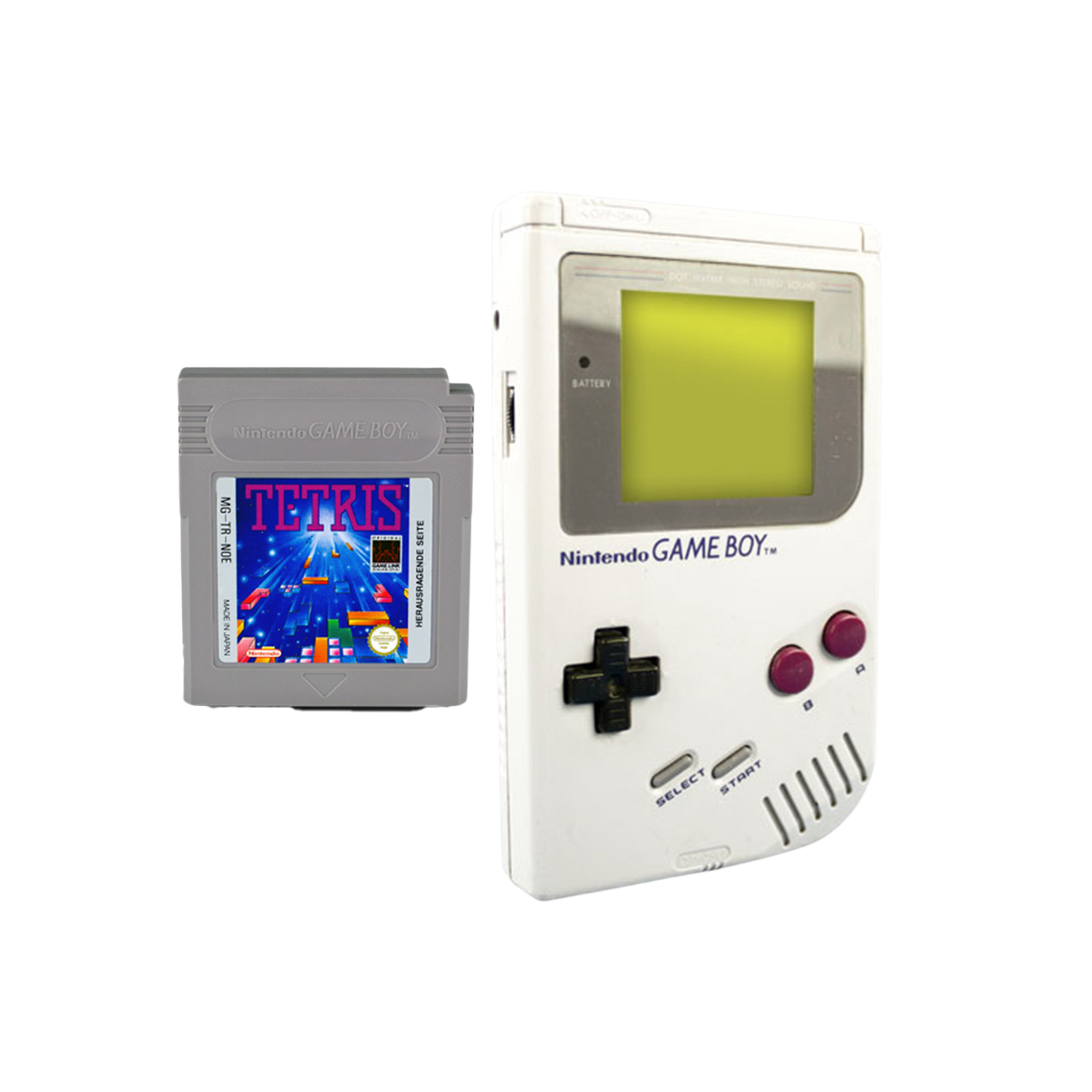 Ein weißer Game Boy und eine Tetris-Kartusche auf schwarzem Hintergrund. Der Game Boy hat Knöpfe. Die Kartusche hat das Tetris-Logo.