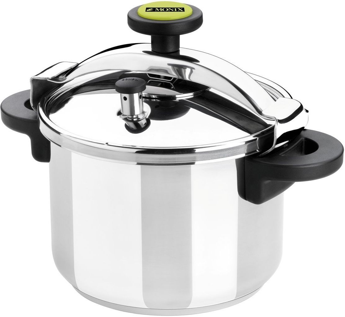 Una olla a presión Monix de acero inoxidable. Tiene un asa y un asa de tapa negros. La tapa tiene un acabado plateado. El logotipo de Monix es visible.