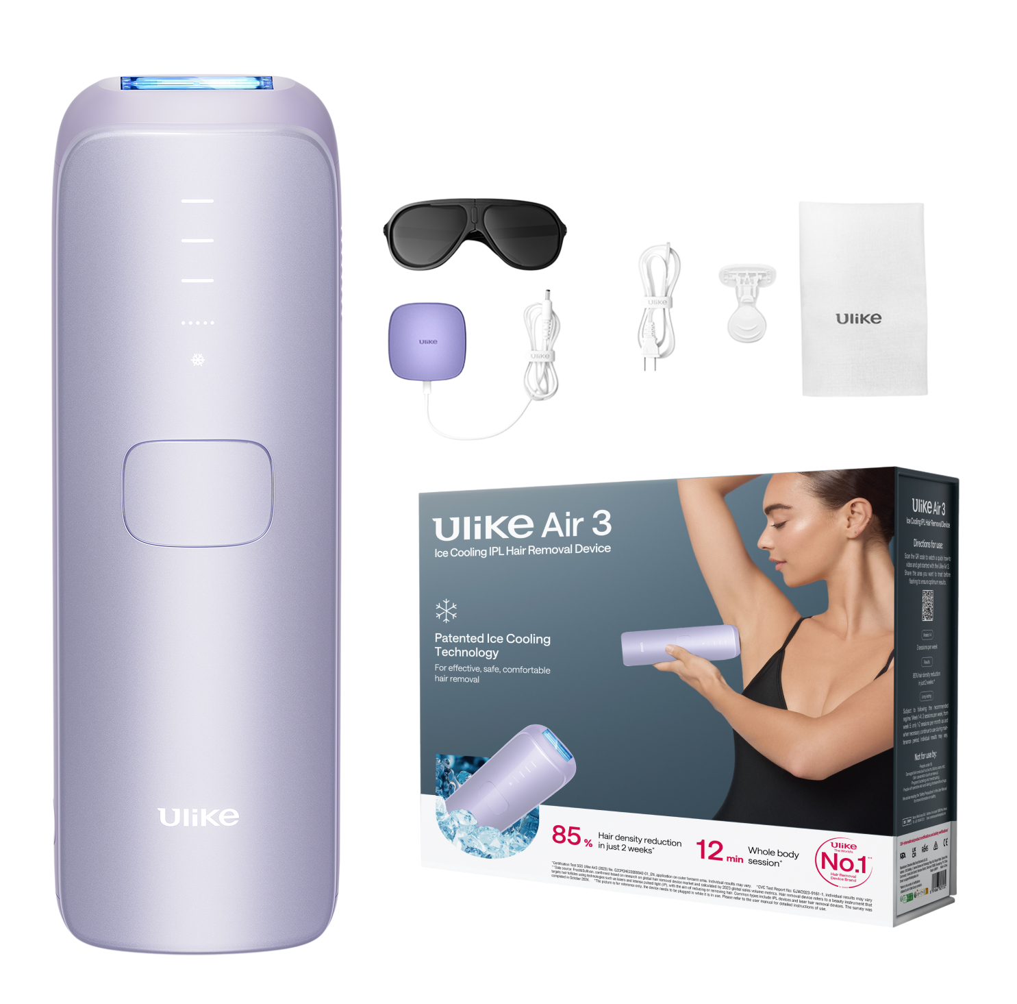 Ein Ulike Air 3 IPL-Haarentfernungsgerät-Set. Enthält Gerät, Brille, Ladegerät und Zubehör sowie eine Produktbox.