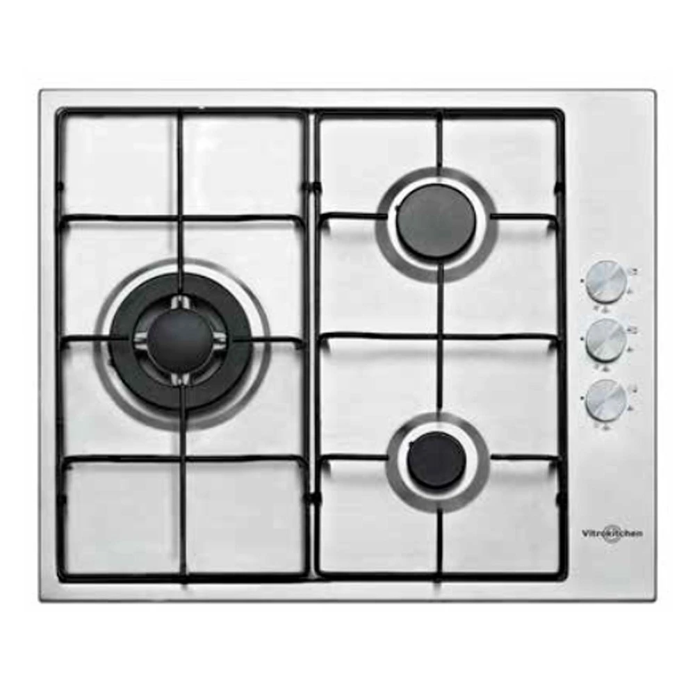 Una placa de gas de acero inoxidable con cuatro quemadores, perillas de control a la derecha. Rejillas y tapas negras.