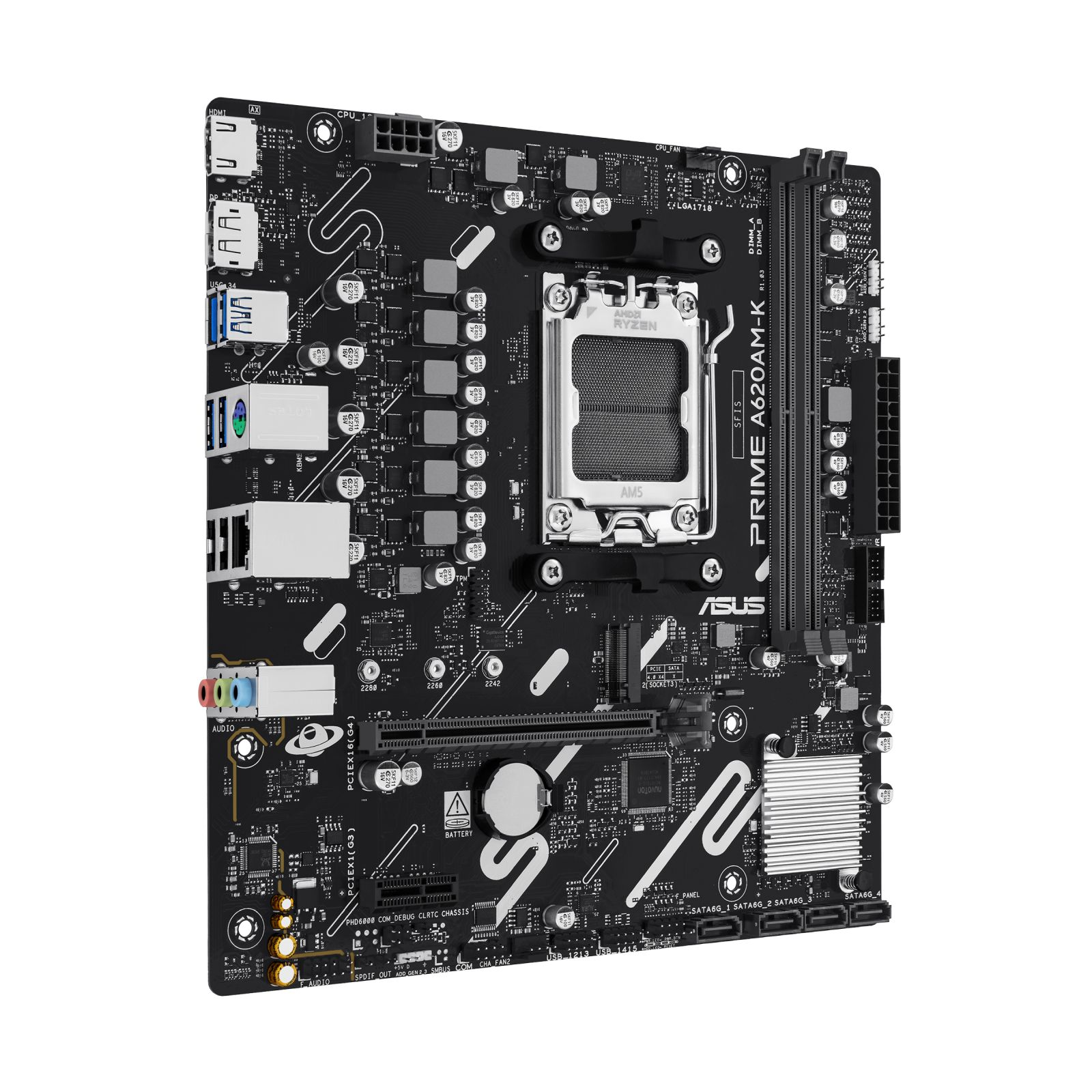 Scheda madre ASUS Prime A620AM-K nera con slot CPU Ryzen, varie porte e componenti.